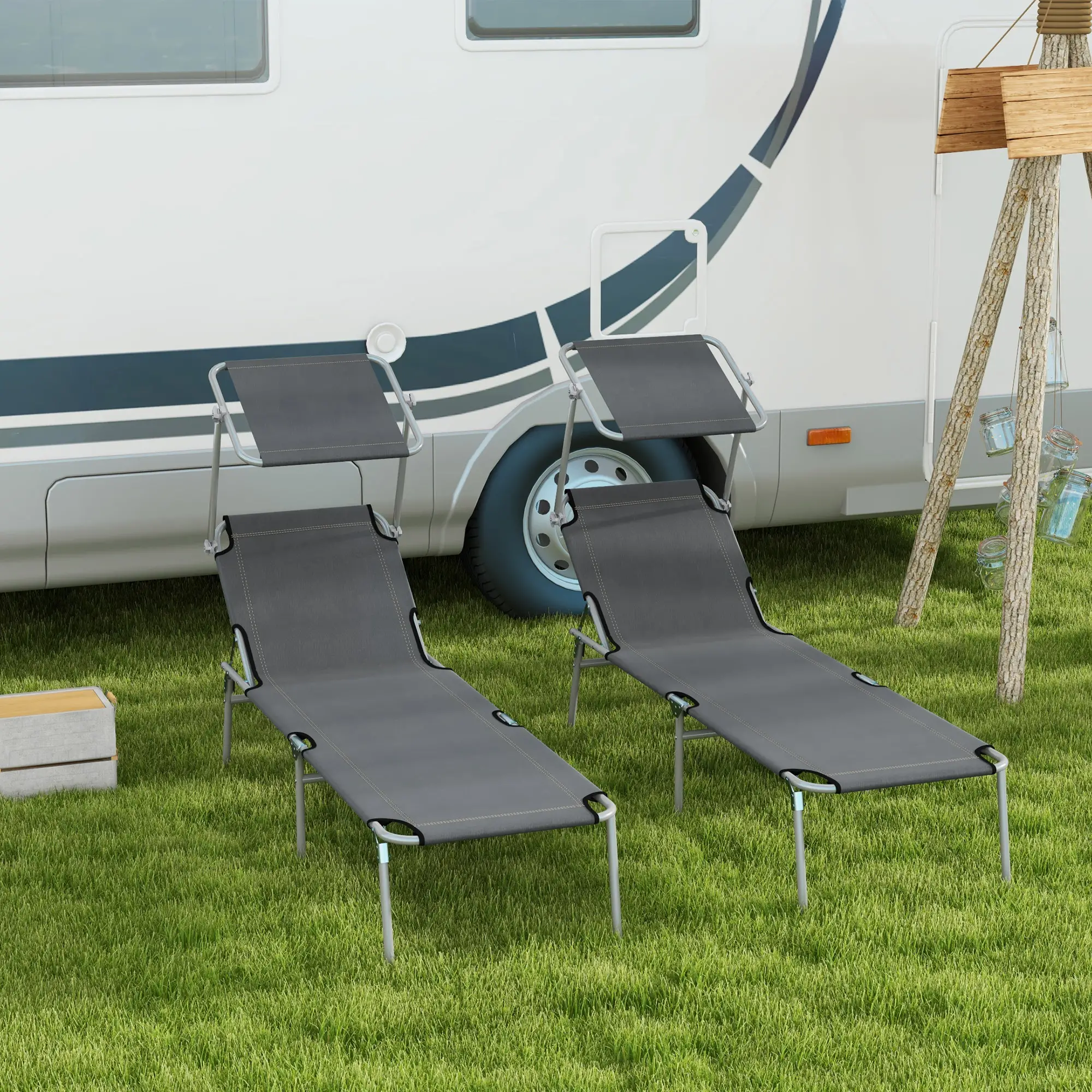 Outdoor Lounge Chair, Adjustable Folding Chaise With Sun Shade, Grey - Image 2