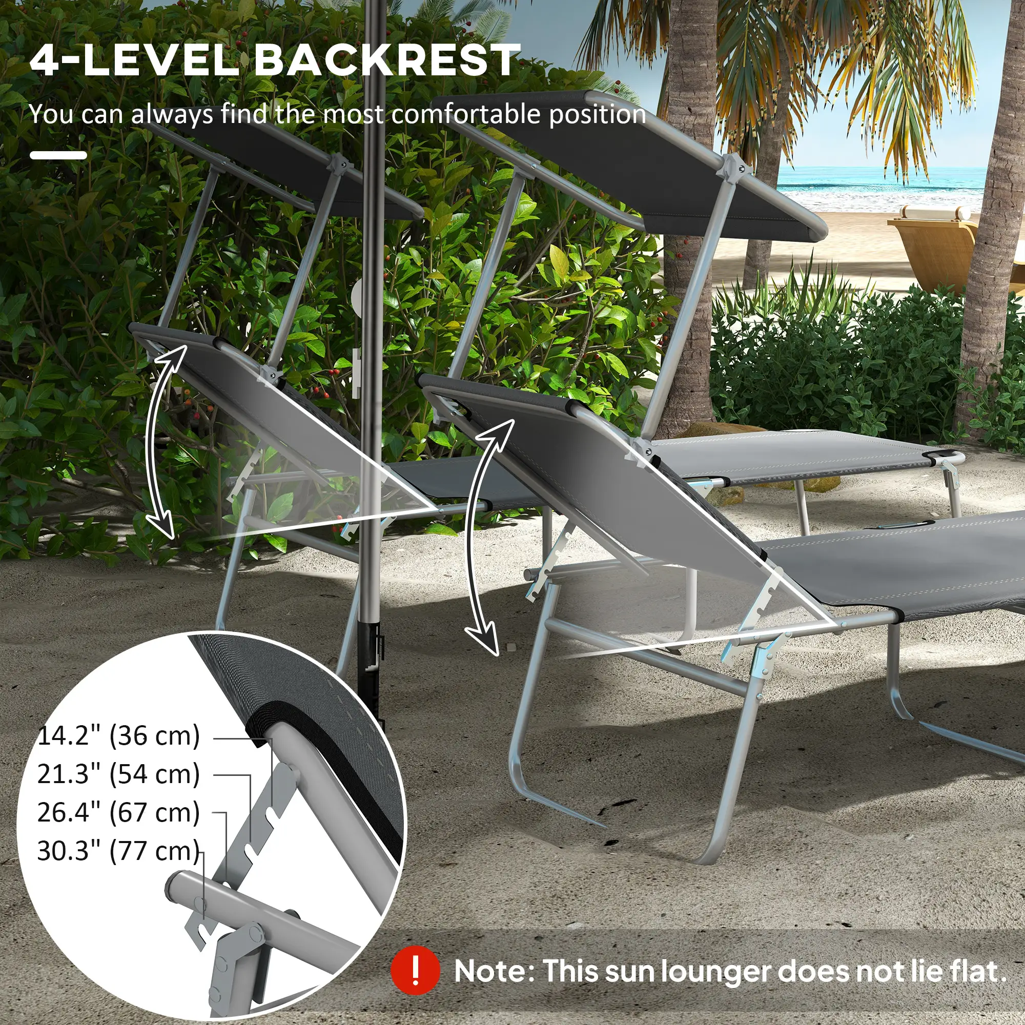 Outdoor Lounge Chair, Adjustable Folding Chaise With Sun Shade, Grey - Image 4