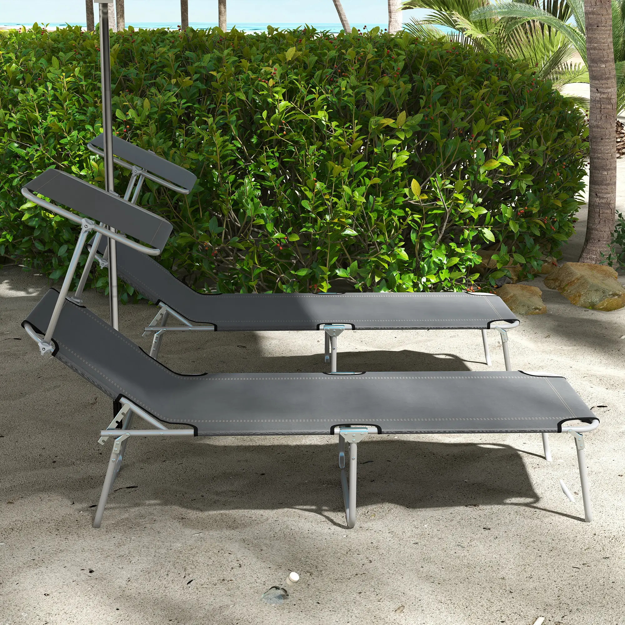 Outdoor Lounge Chair, Adjustable Folding Chaise With Sun Shade, Grey - Image 8