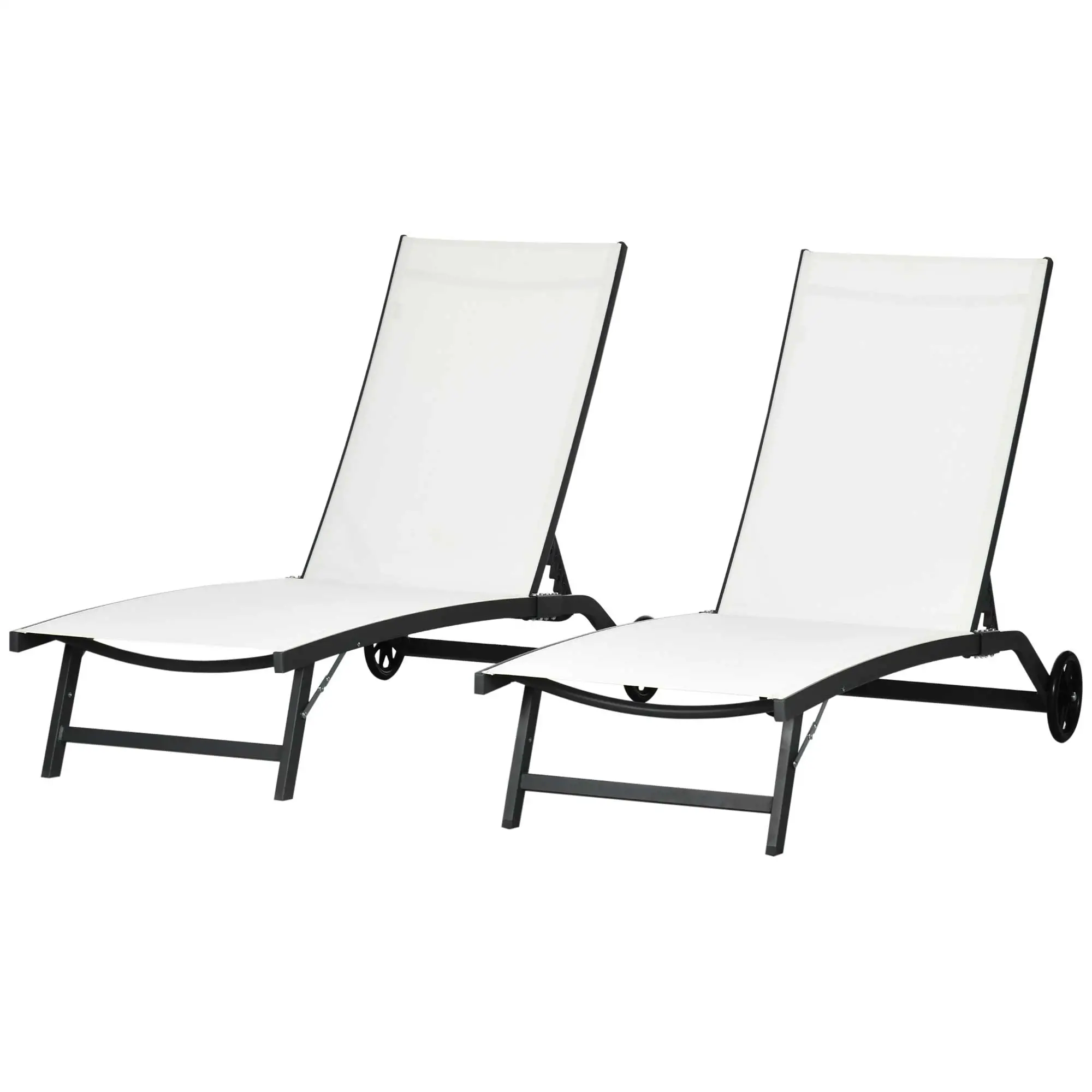 Outdoor Lounge Chair Set, 2, Breathable Mesh, Wheels, Cream White