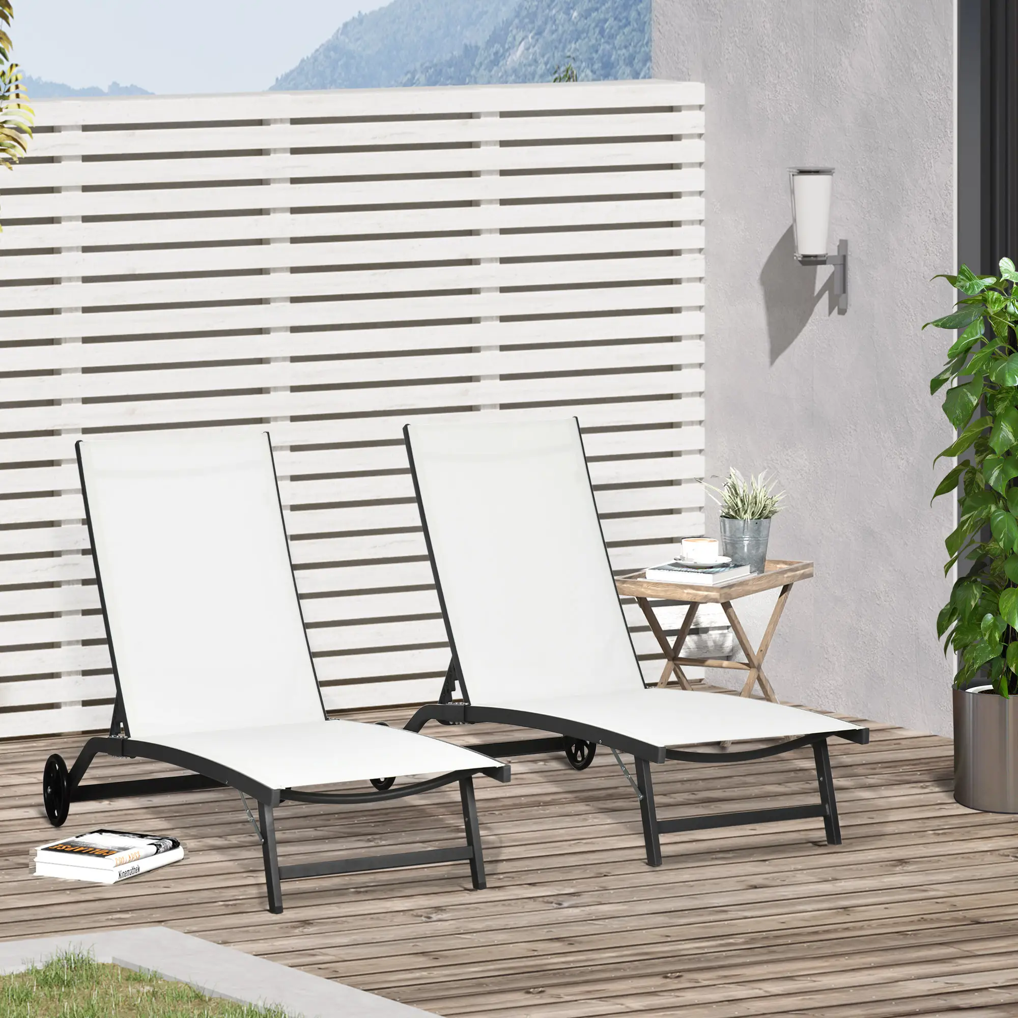 Outdoor Lounge Chair Set, 2, Breathable Mesh, Wheels, Cream White - Image 2