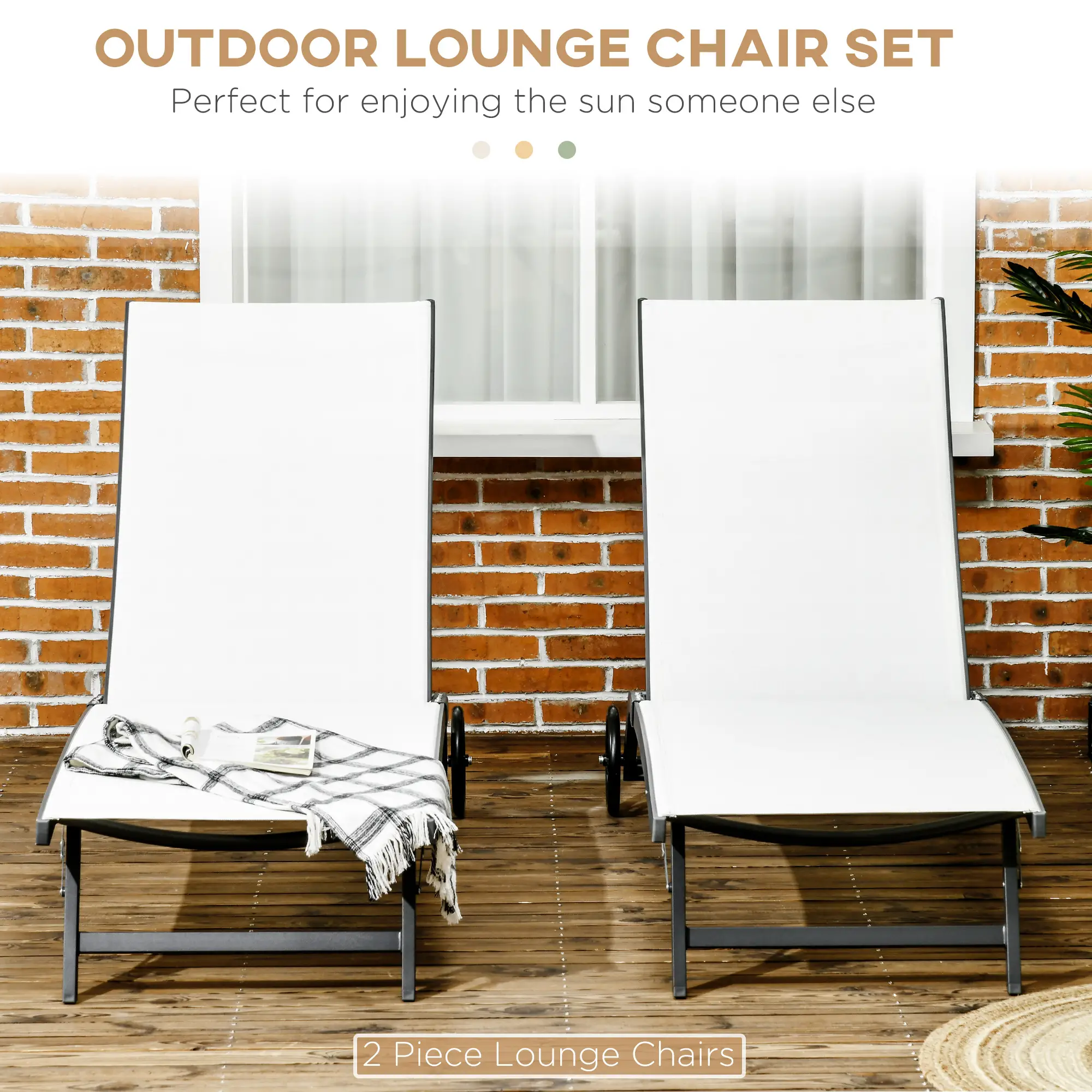 Outdoor Lounge Chair Set, 2, Breathable Mesh, Wheels, Cream White - Image 4