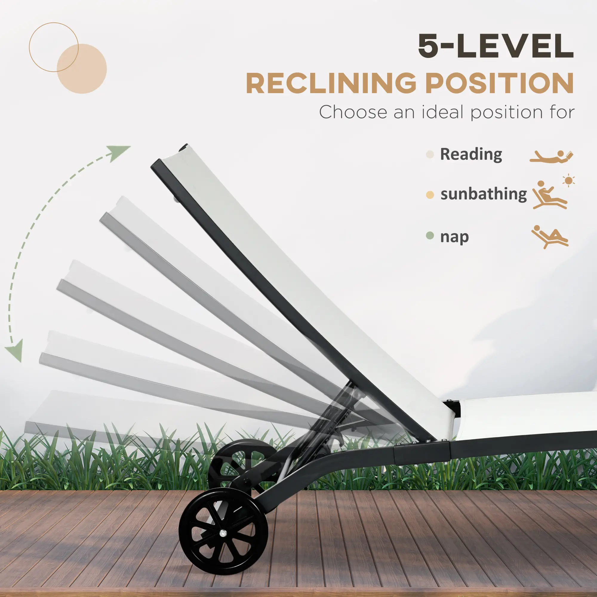 Outdoor Lounge Chair Set, 2, Breathable Mesh, Wheels, Cream White - Image 5