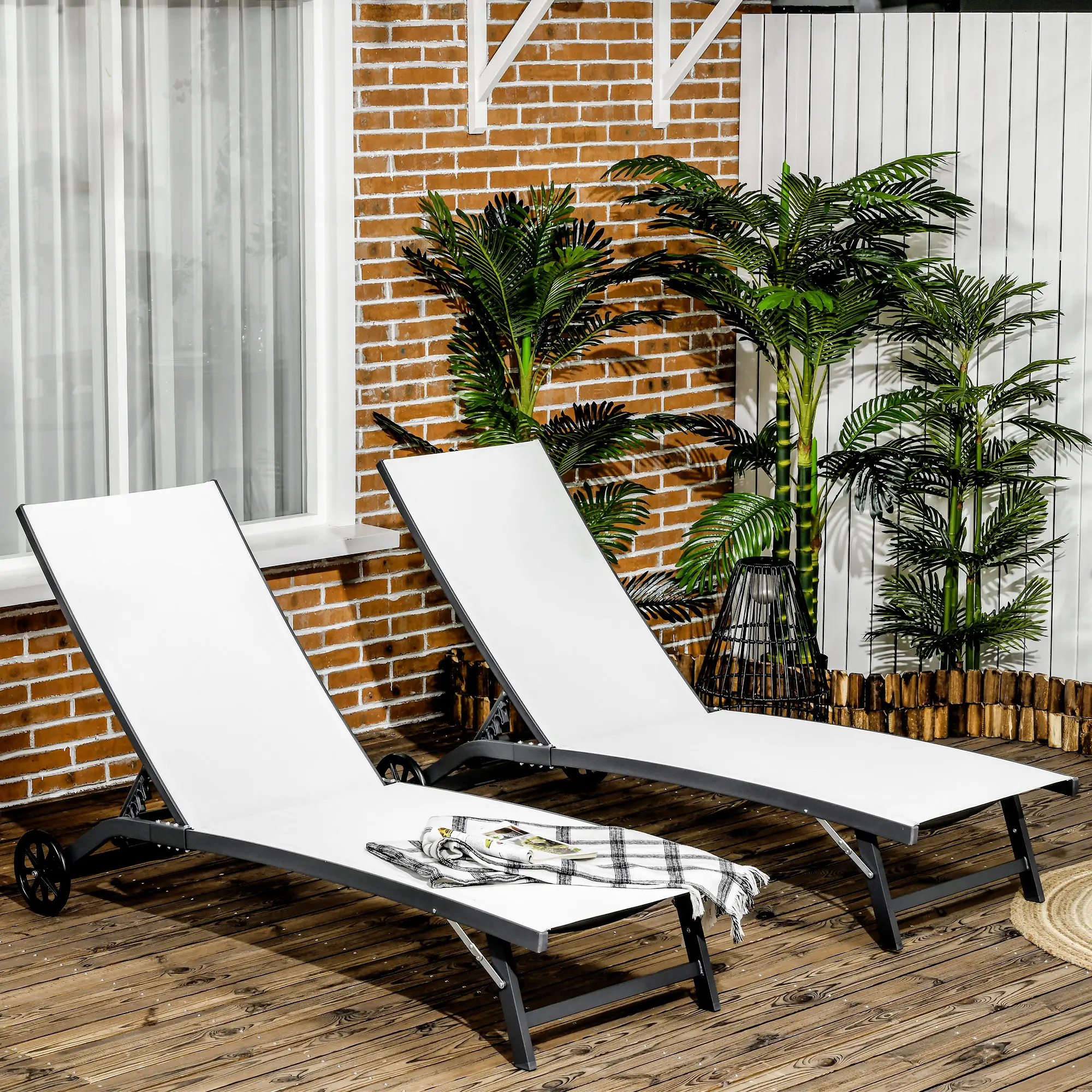 Outdoor Lounge Chair Set, 2, Breathable Mesh, Wheels, Cream White - Image 8