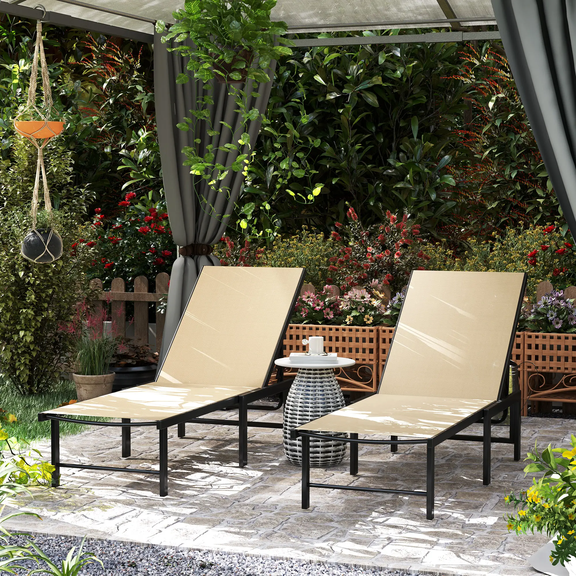 Outdoor Lounge Chair Set, 5-Position Reclining Chaise With Mesh Seat, Khaki - Image 2