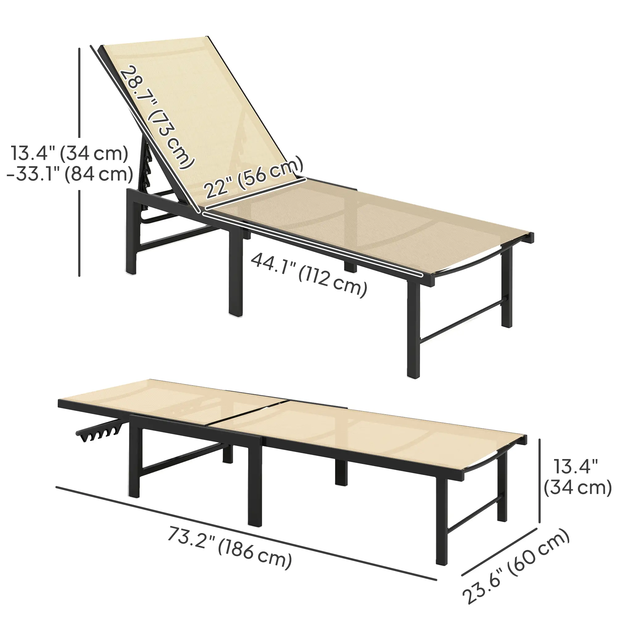 Outdoor Lounge Chair Set, 5-Position Reclining Chaise With Mesh Seat, Khaki - Image 3