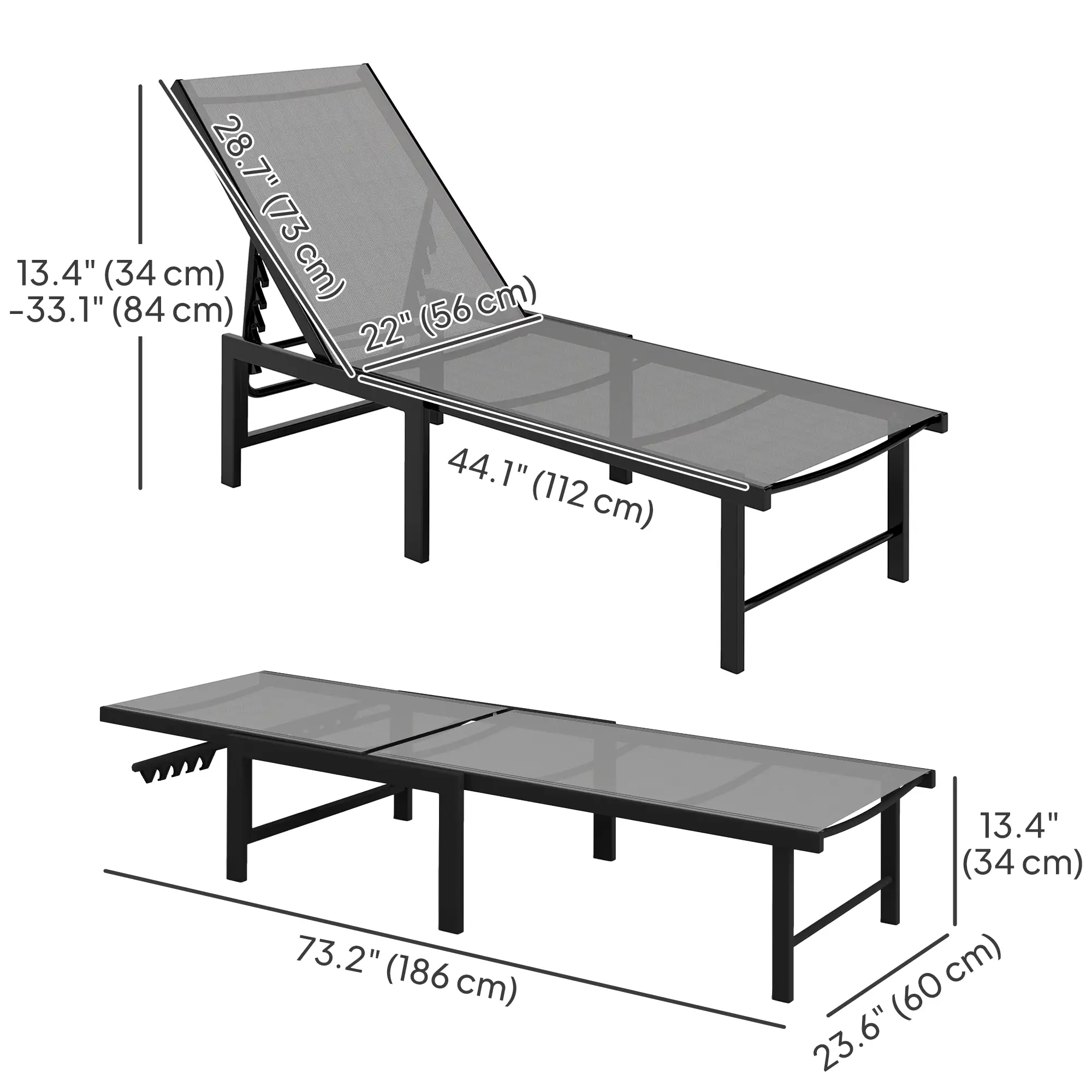 Outdoor Lounge Chair Set Of 2, 5-Position Reclining Chaise With Mesh Seat, Grey - Image 3