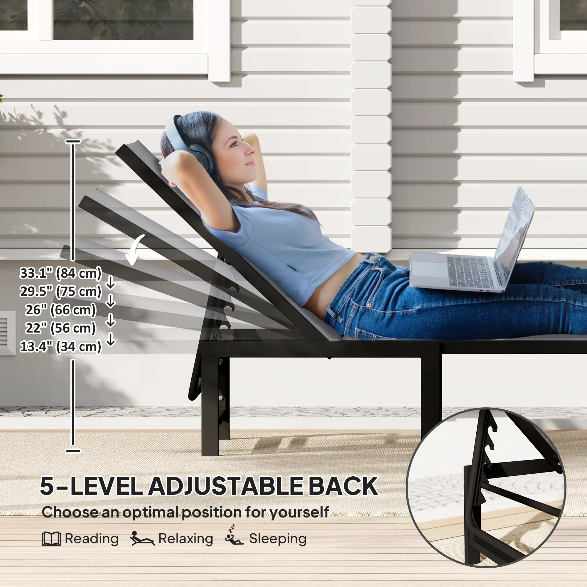 Outdoor Lounge Chair Set Of 2, 5-Position Reclining Chaise With Mesh Seat, Grey - Image 4