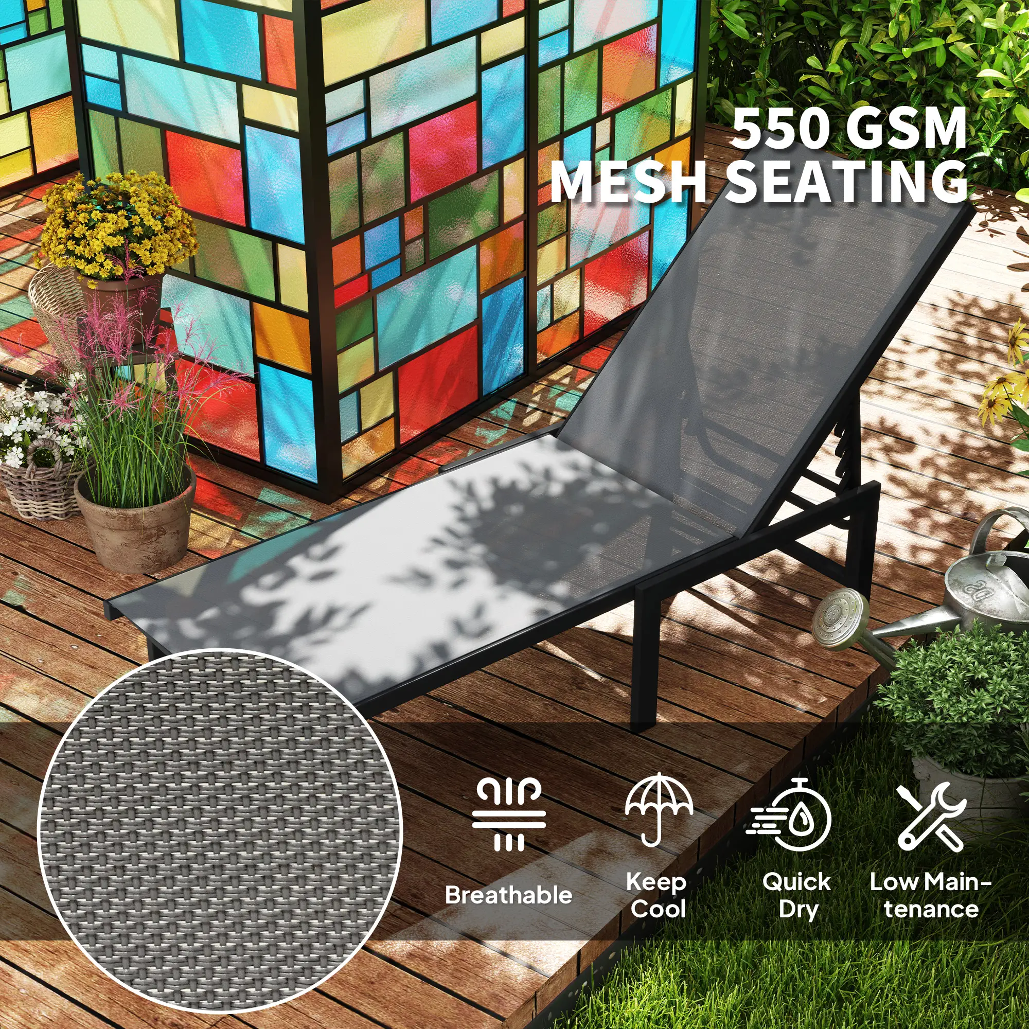 Outdoor Lounge Chair Set Of 2, 5-Position Reclining Chaise With Mesh Seat, Grey - Image 5