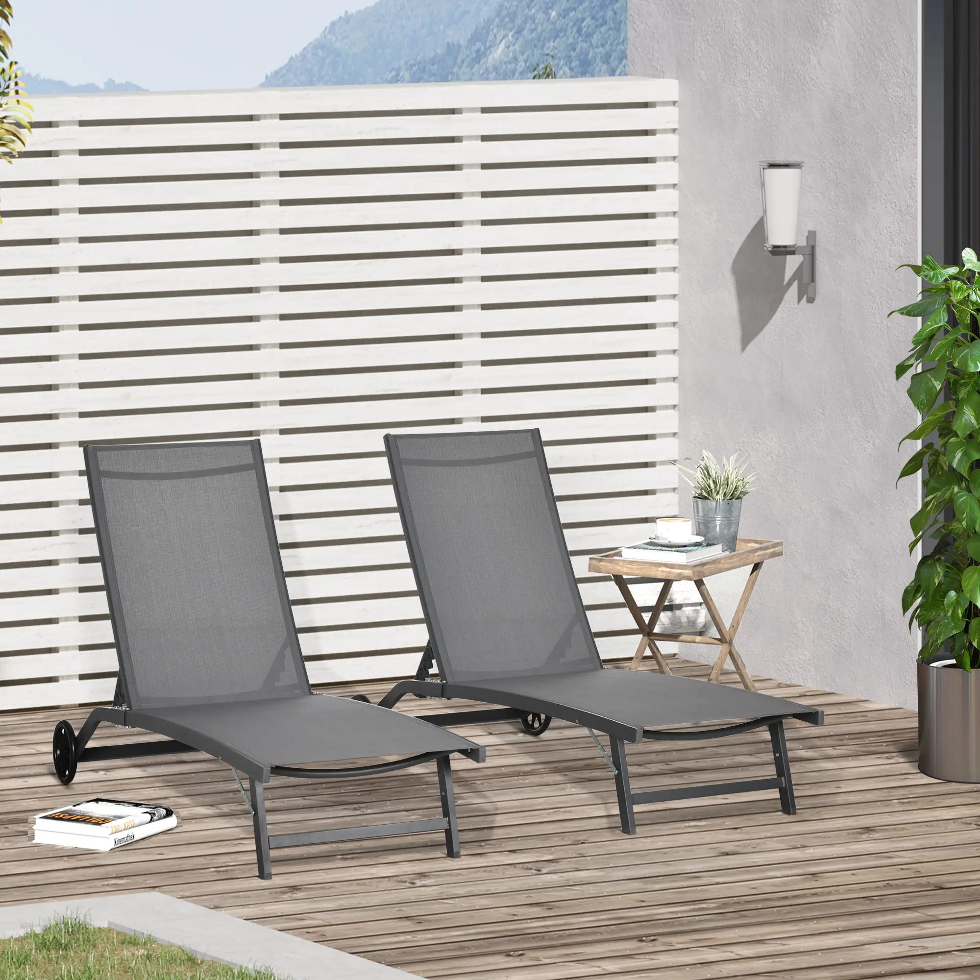 Outdoor Lounge Chair Set of 2, Breathable Mesh, Wheels, Dark Grey - Image 2