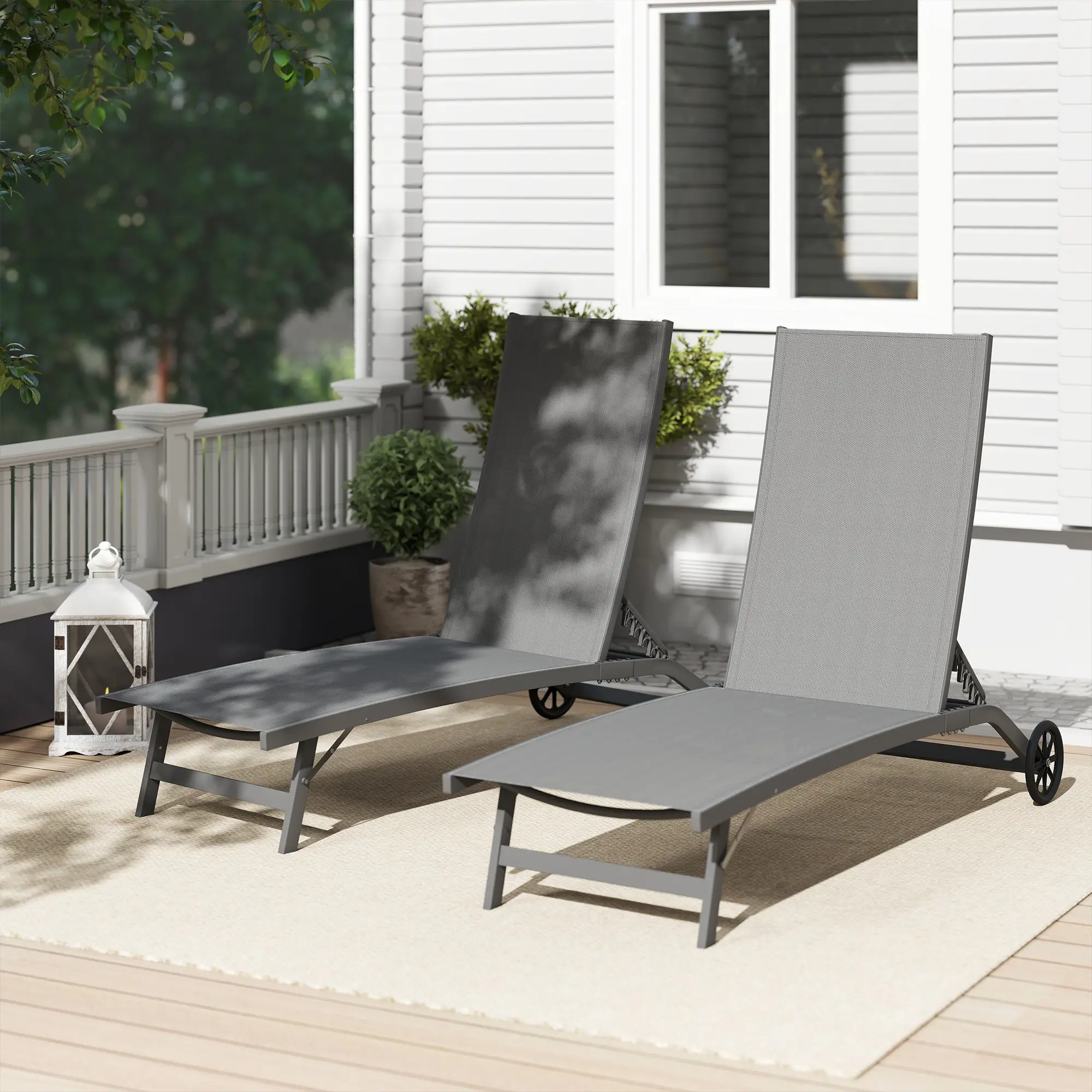 Outdoor Lounge Chair Set of 2, Breathable Mesh, Wheels, Dark Grey - Image 7