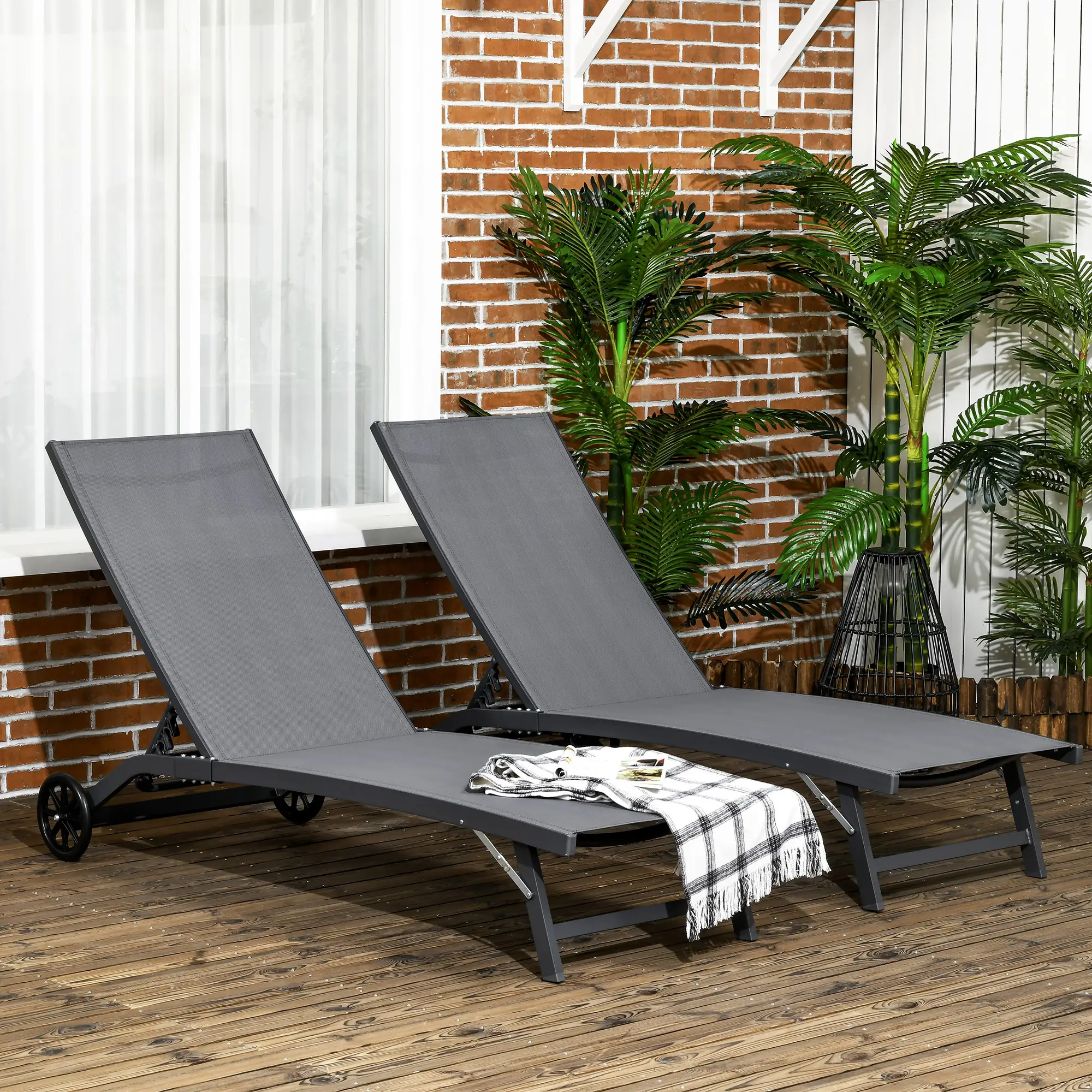 Outdoor Lounge Chair Set of 2, Breathable Mesh, Wheels, Dark Grey - Image 8