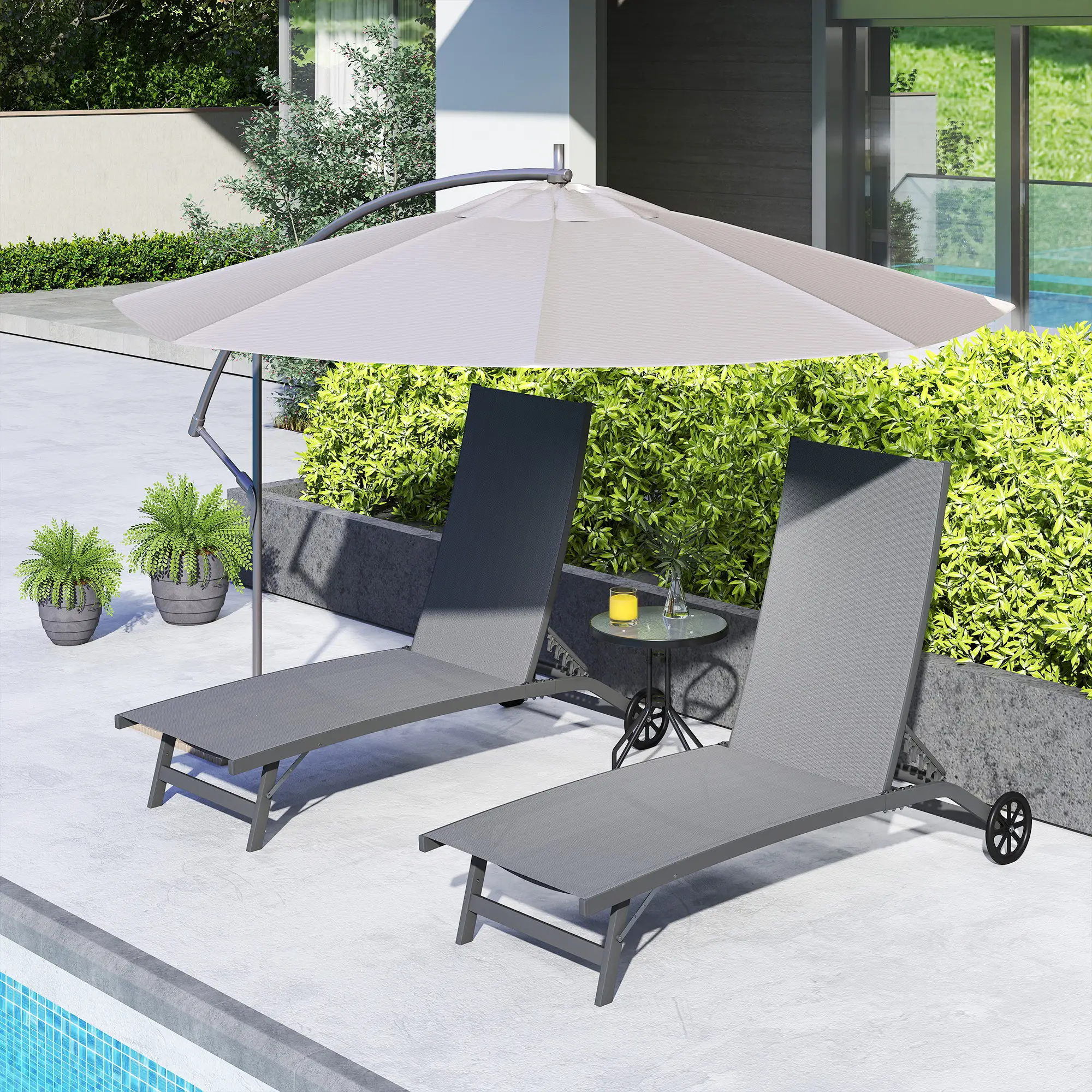 Outdoor Lounge Chair Set of 2, Breathable Mesh, Wheels, Dark Grey - Image 9