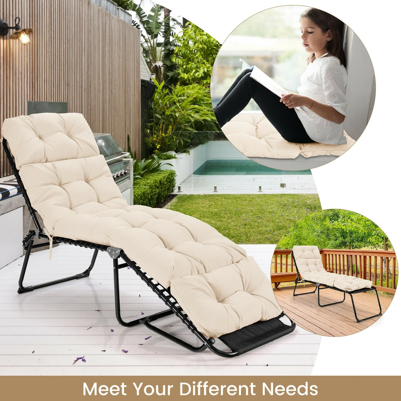 Outdoor Lounge Chaise Cushion With String Ties, Beige - Image 8