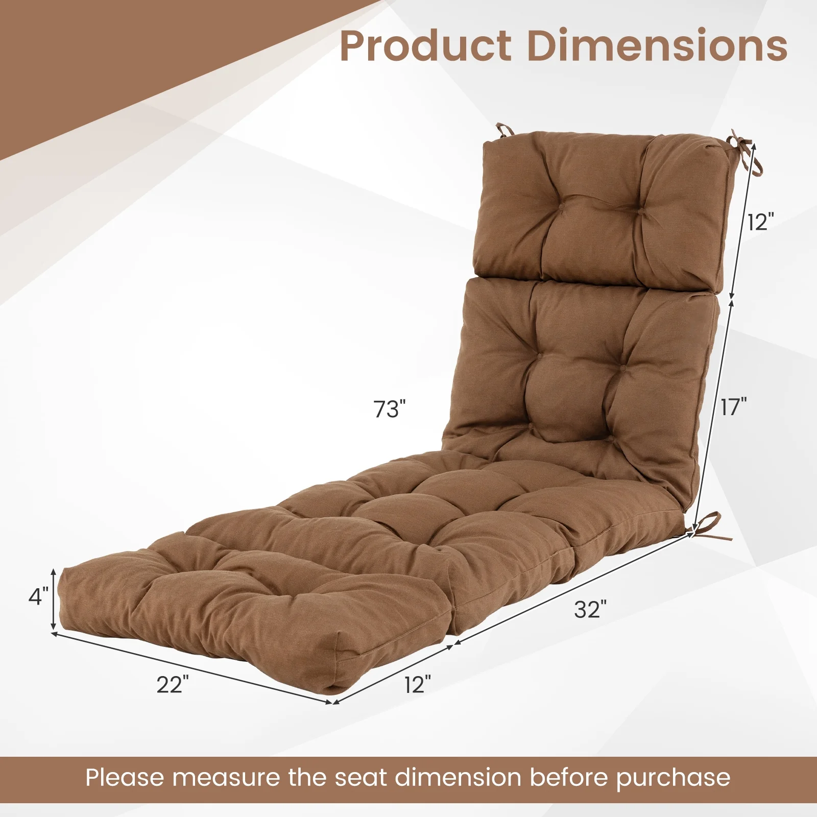 Outdoor Lounge Chaise Cushion, With String Ties, Brown - Image 6