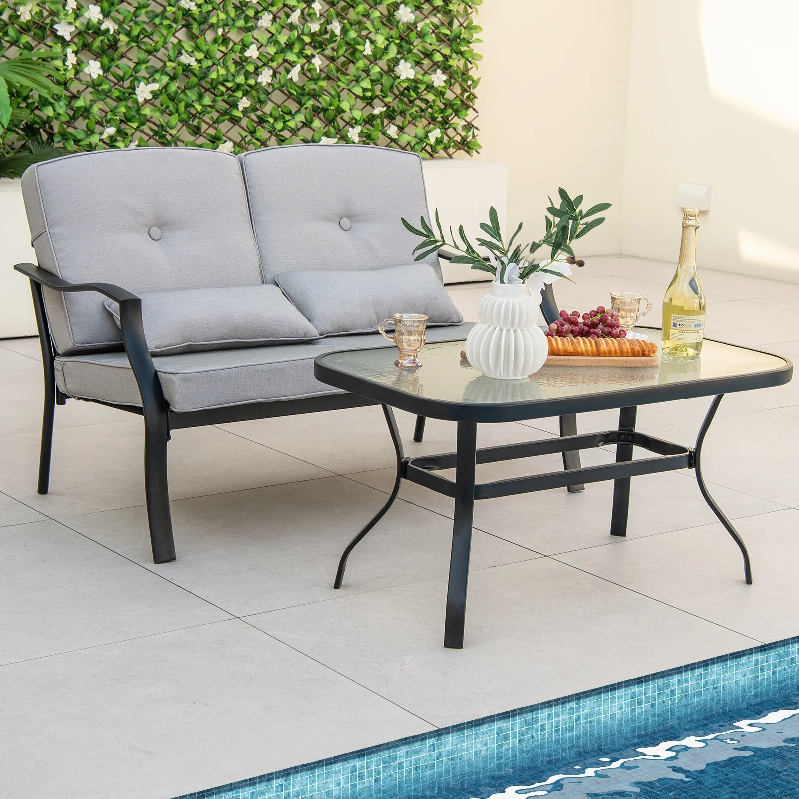 Outdoor Loveseat Chair Set, With Tempered Glass Coffee Table, Gray - Image 2