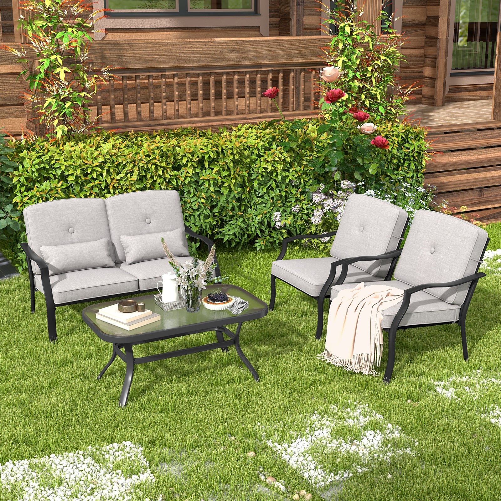 Outdoor Loveseat Chair Set, With Tempered Glass Coffee Table, Gray - Image 3