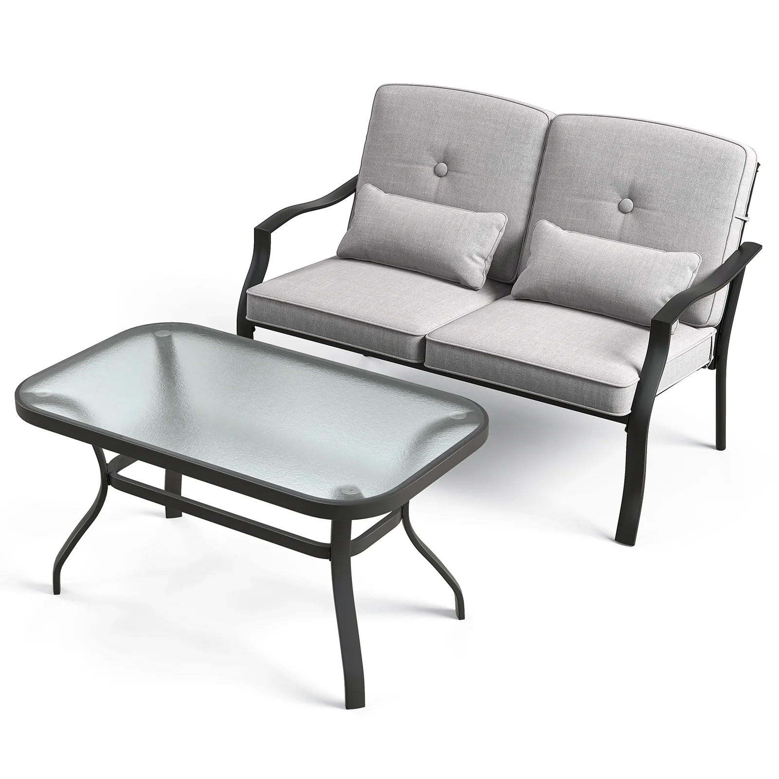 Outdoor Loveseat Chair Set, With Tempered Glass Coffee Table, Gray - Image 4