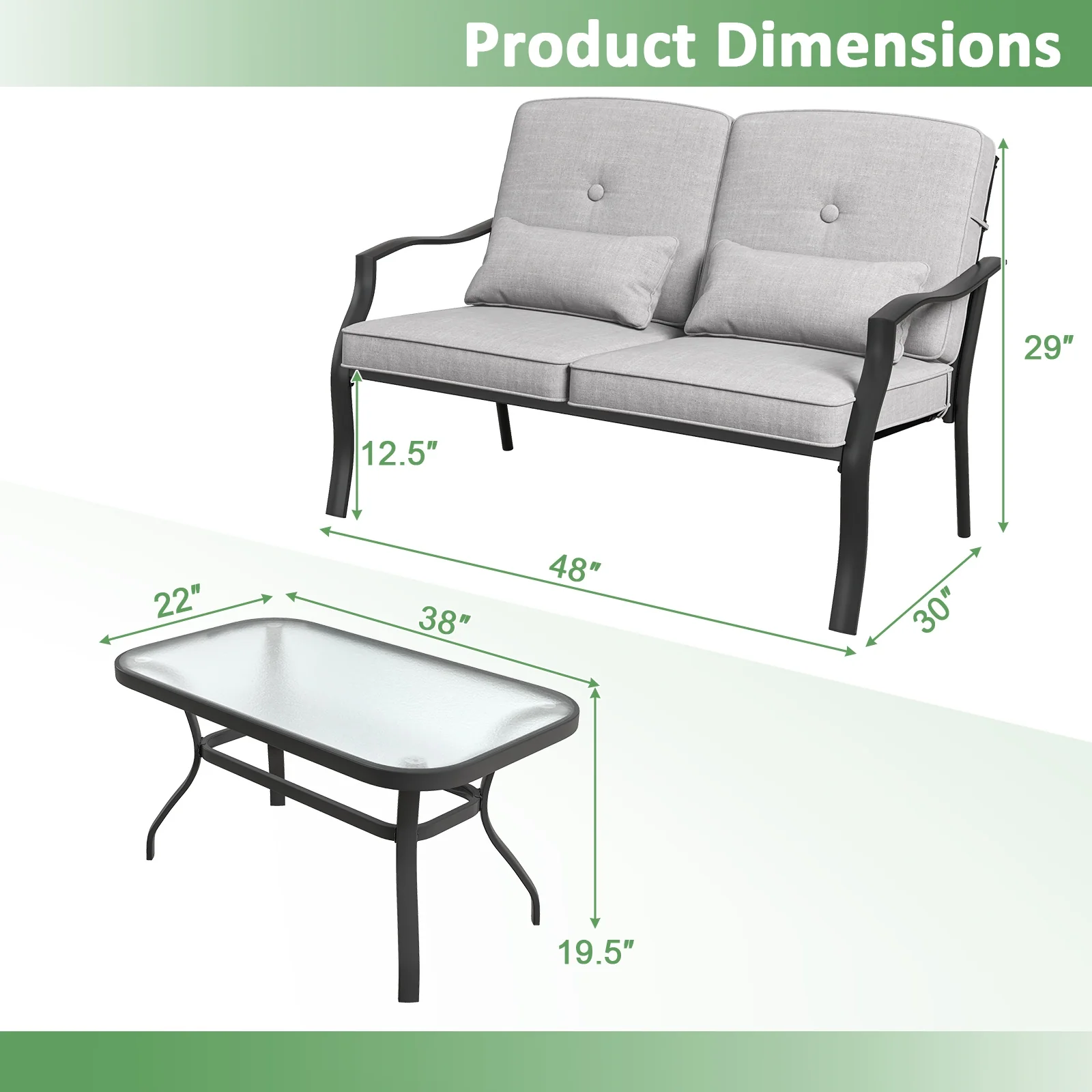 Outdoor Loveseat Chair Set, With Tempered Glass Coffee Table, Gray - Image 5