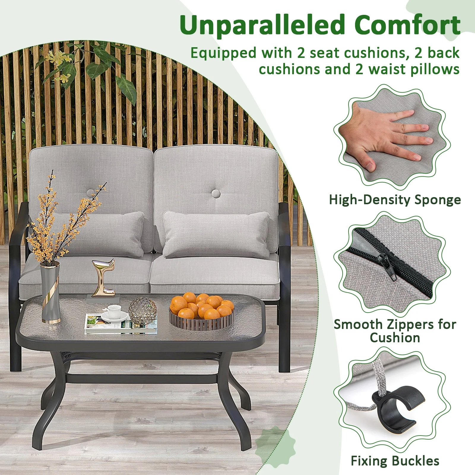 Outdoor Loveseat Chair Set, With Tempered Glass Coffee Table, Gray - Image 7