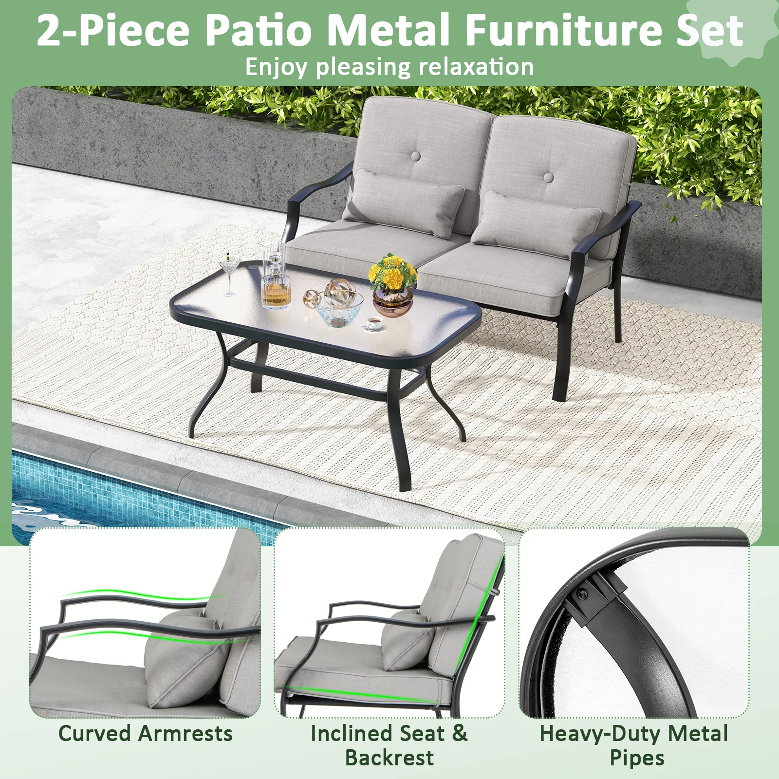 Outdoor Loveseat Chair Set, With Tempered Glass Coffee Table, Gray - Image 8