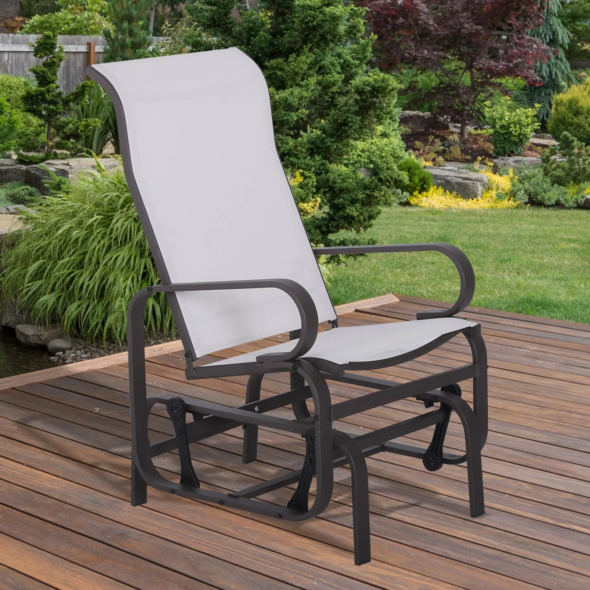 Outdoor Mesh Glider Swing Chair, Patio Garden Rocking Seat, Brown Beige - Image 2