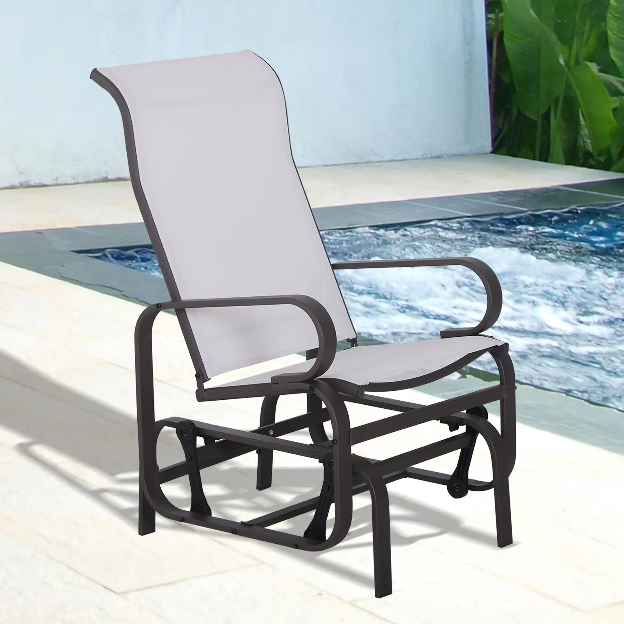 Outdoor Mesh Glider Swing Chair, Patio Garden Rocking Seat, Brown Beige - Image 7