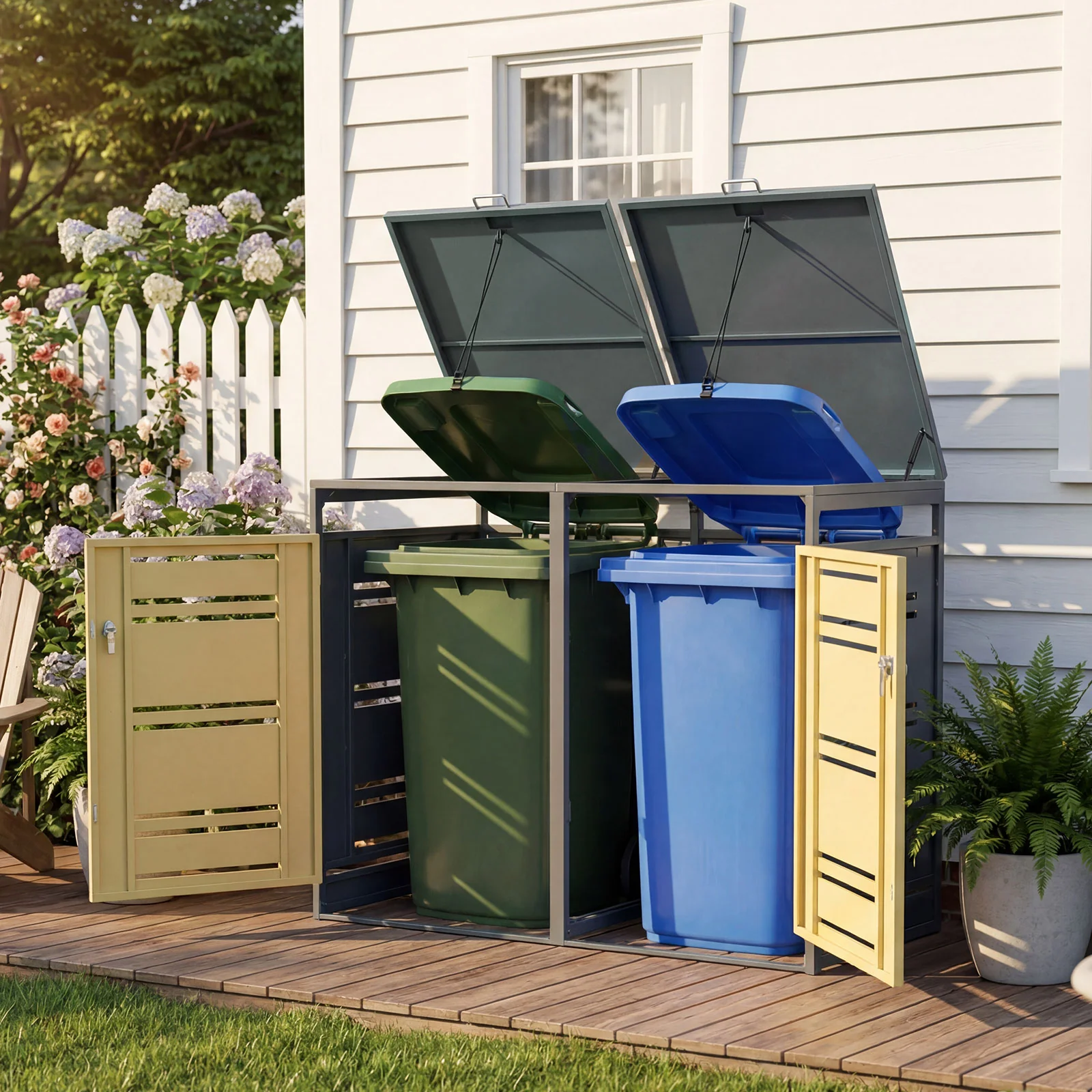 Outdoor Metal Garbage Bin Storage Shed, Yellow - Image 3