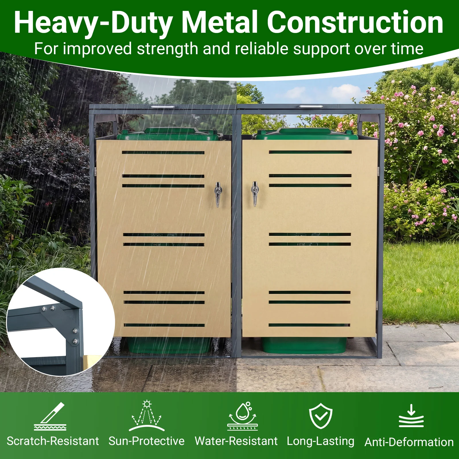 Outdoor Metal Garbage Bin Storage Shed, Yellow - Image 9