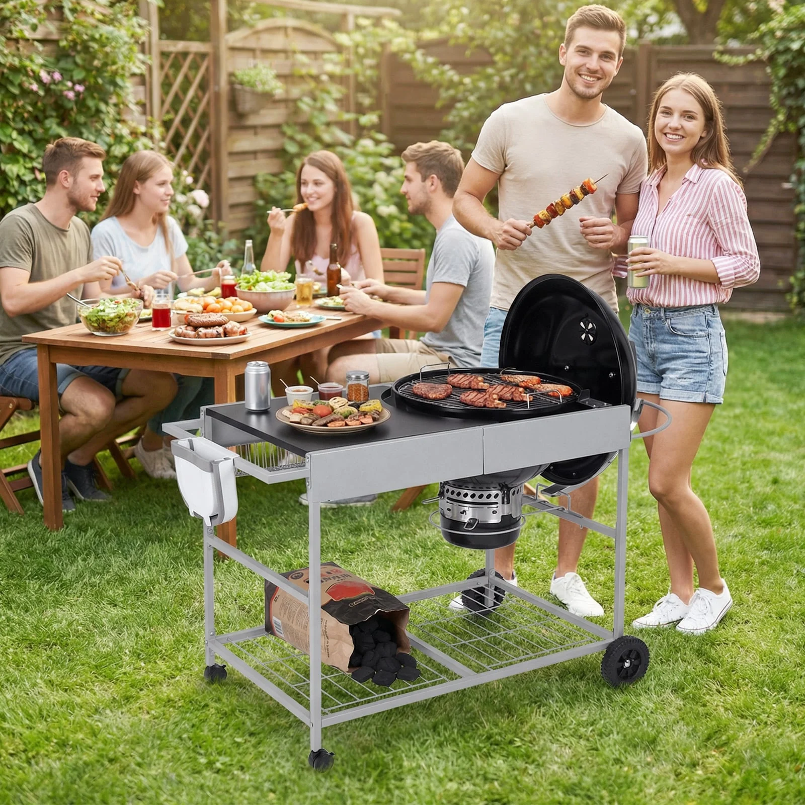 Outdoor Movable Grill Table, 18/22 Inch, Black - Image 3