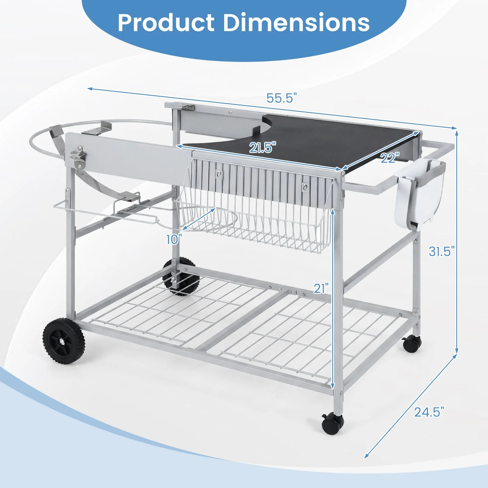 Outdoor Movable Grill Table, 18/22 Inch, Black - Image 5