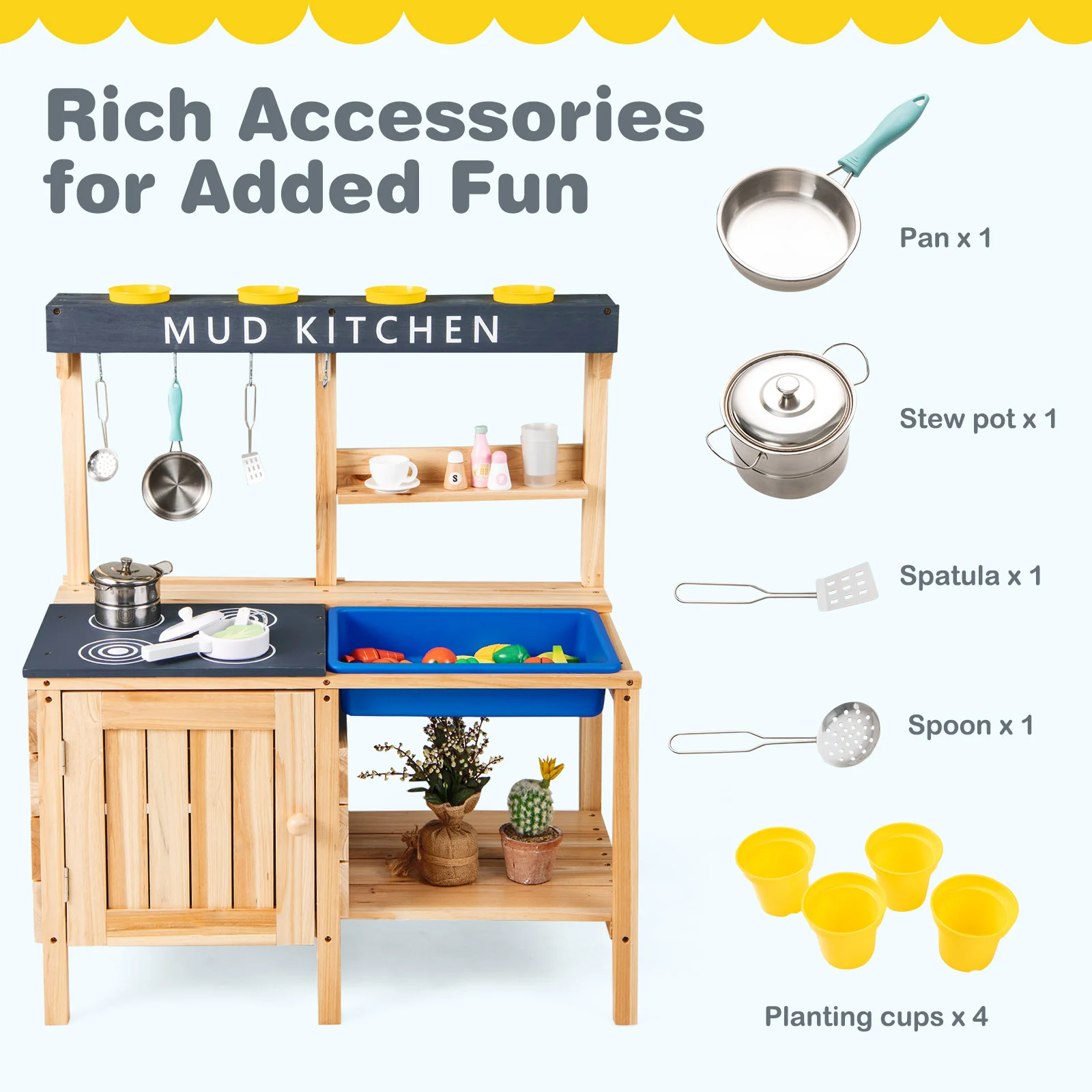 Outdoor Mud Kitchen Playset, Wooden Pretend Play Toy With Kitchenware, Natural - Image 10