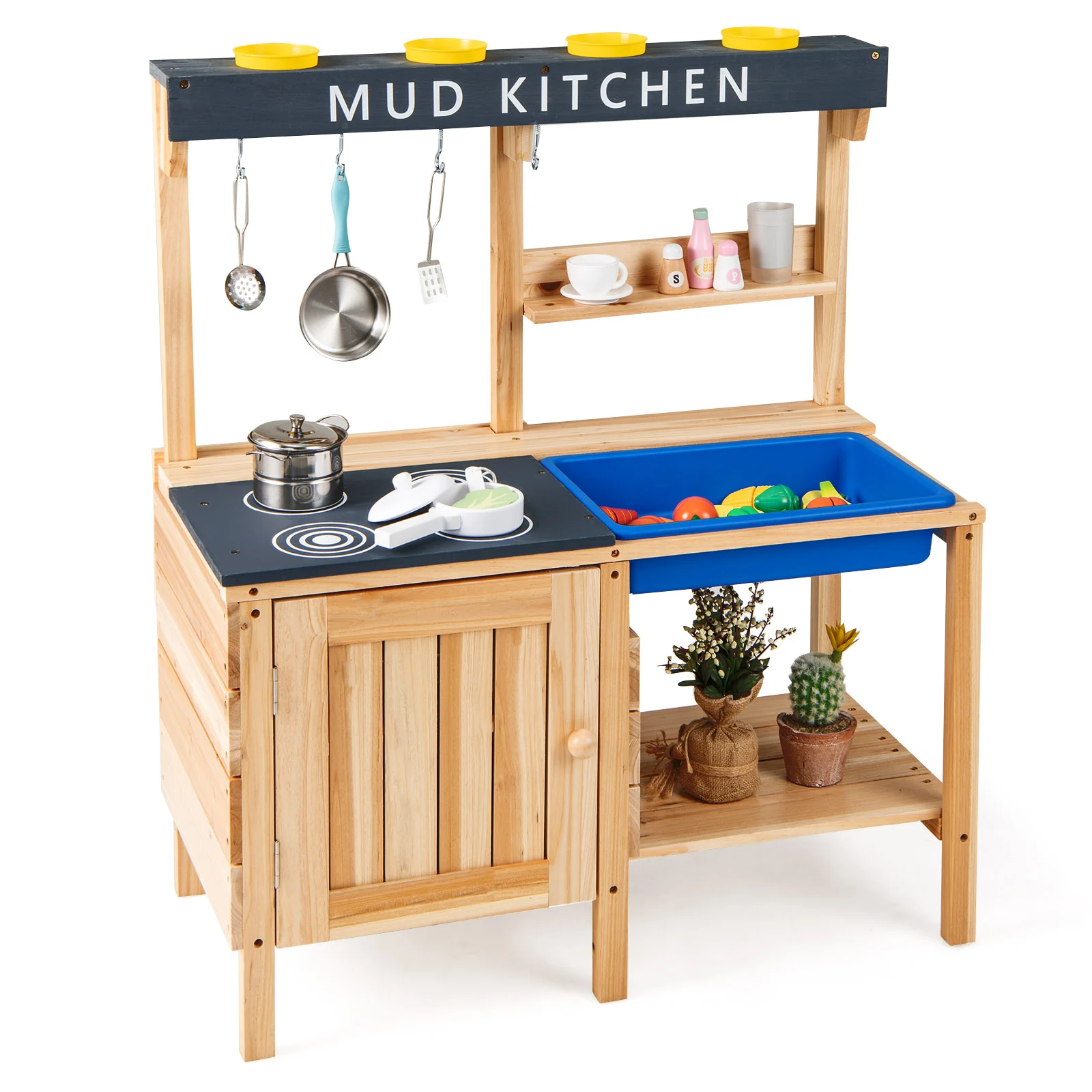 Outdoor Mud Kitchen Playset, Wooden Pretend Play Toy With Kitchenware, Natural - Image 4