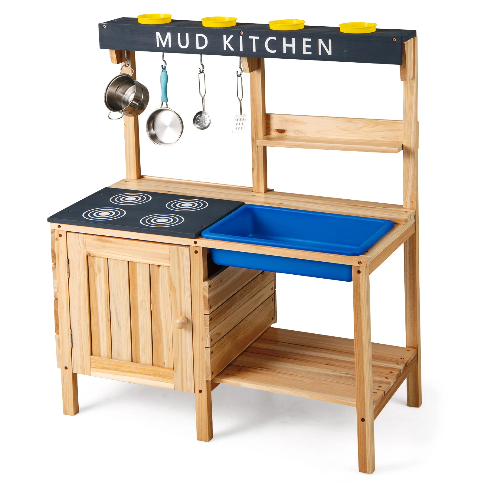 Outdoor Mud Kitchen Playset, Wooden Pretend Play Toy With Kitchenware, Natural - Image 5