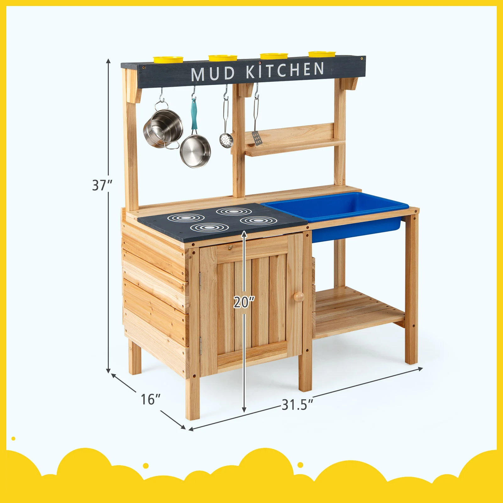 Outdoor Mud Kitchen Playset, Wooden Pretend Play Toy With Kitchenware, Natural - Image 6
