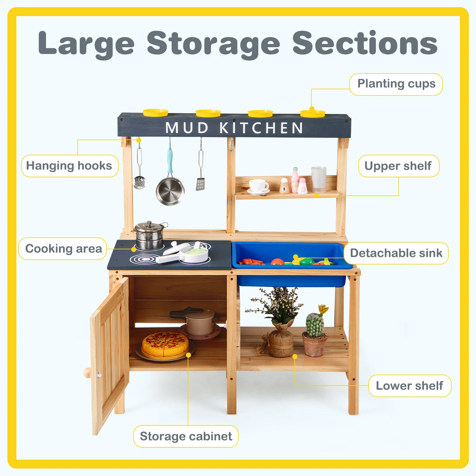 Outdoor Mud Kitchen Playset, Wooden Pretend Play Toy With Kitchenware, Natural - Image 7