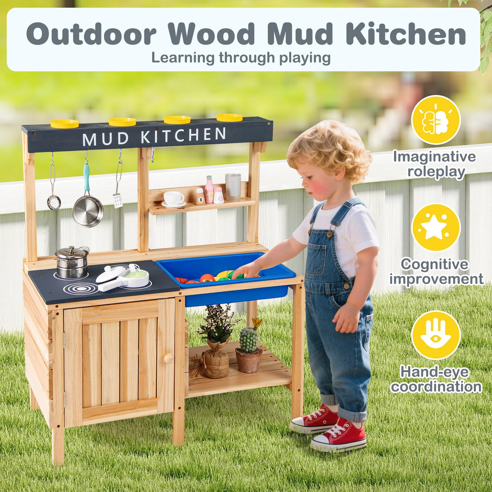 Outdoor Mud Kitchen Playset, Wooden Pretend Play Toy With Kitchenware, Natural - Image 9