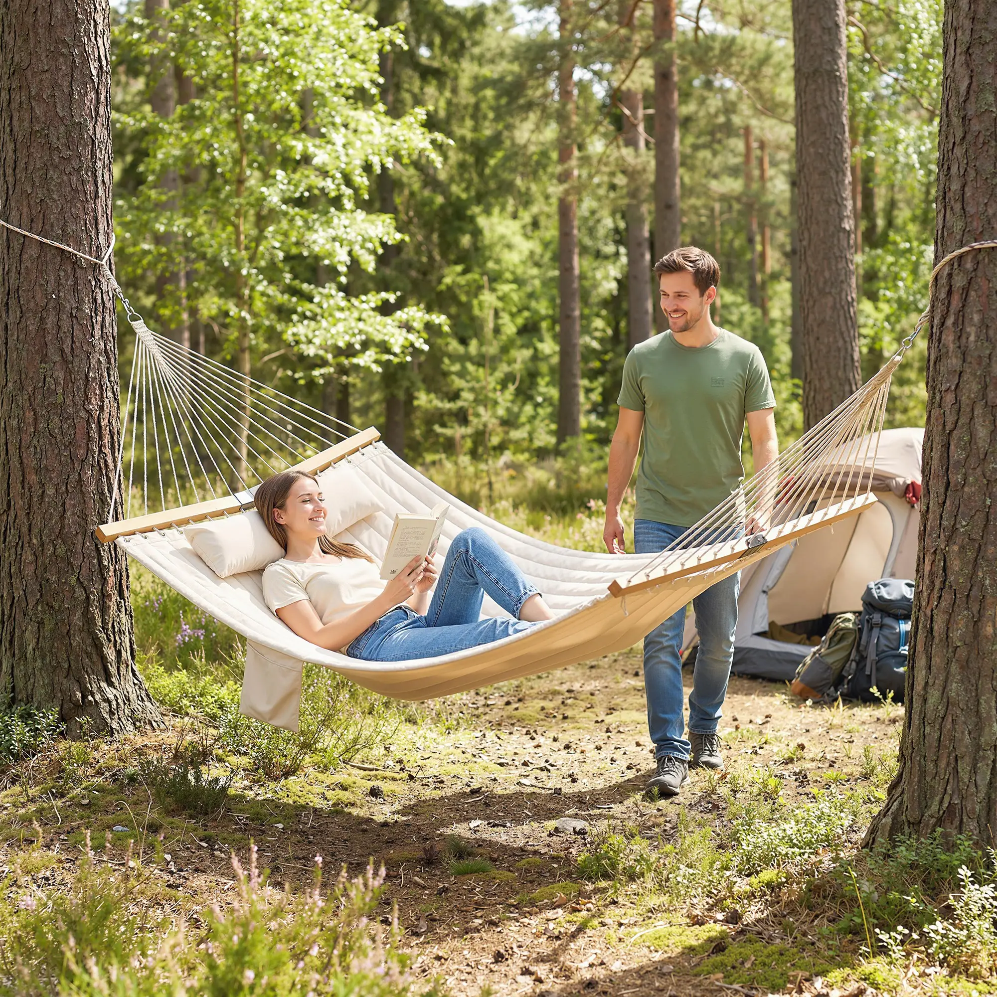 Outdoor Padded Camping Hammock With Pillow, 200 x 140 cm, Cream White - Image 10