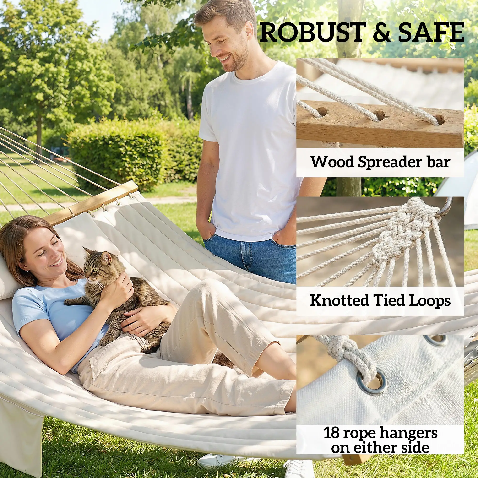 Outdoor Padded Camping Hammock With Pillow, 200 x 140 cm, Cream White - Image 6