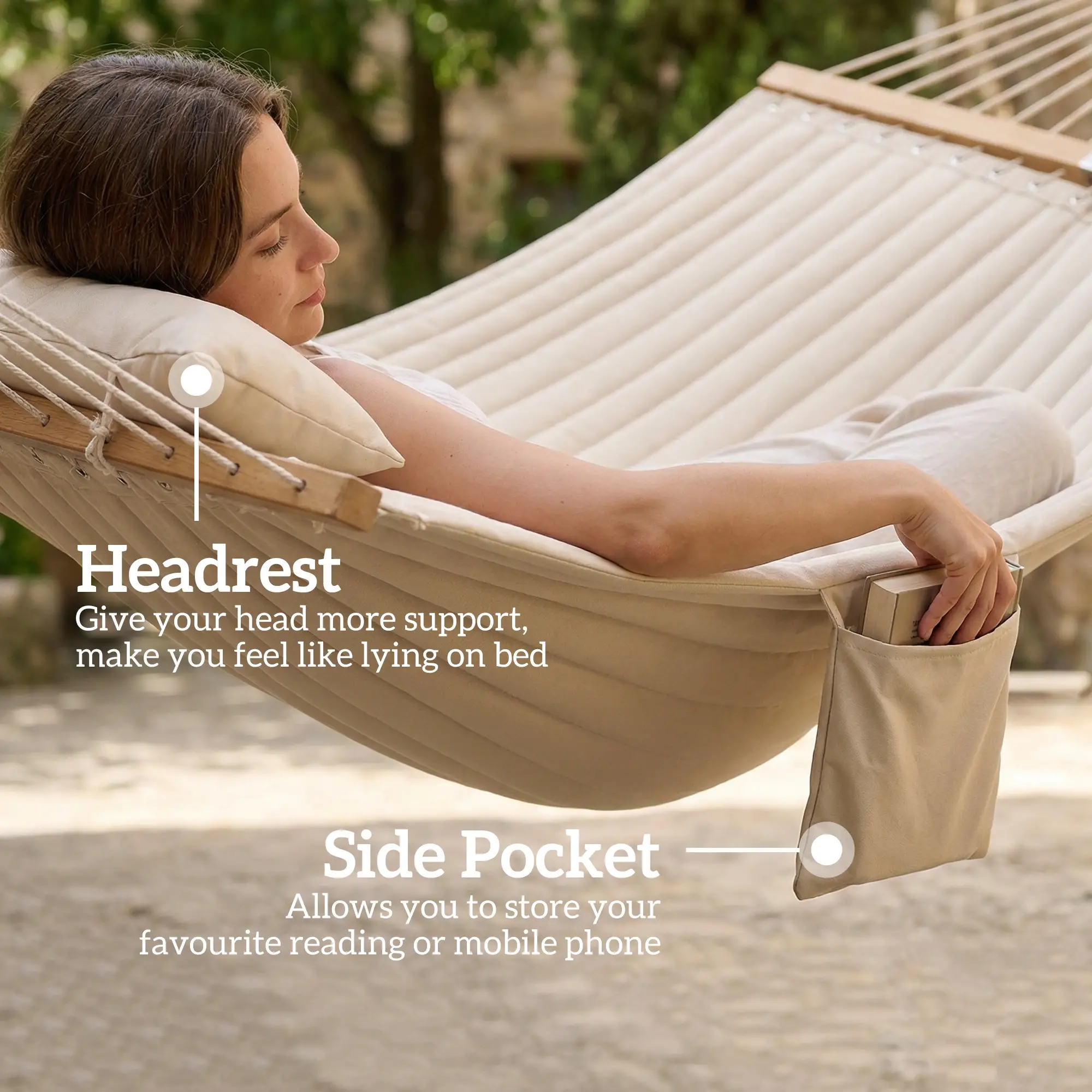 Outdoor Padded Camping Hammock With Pillow, 200 x 140 cm, Cream White - Image 7