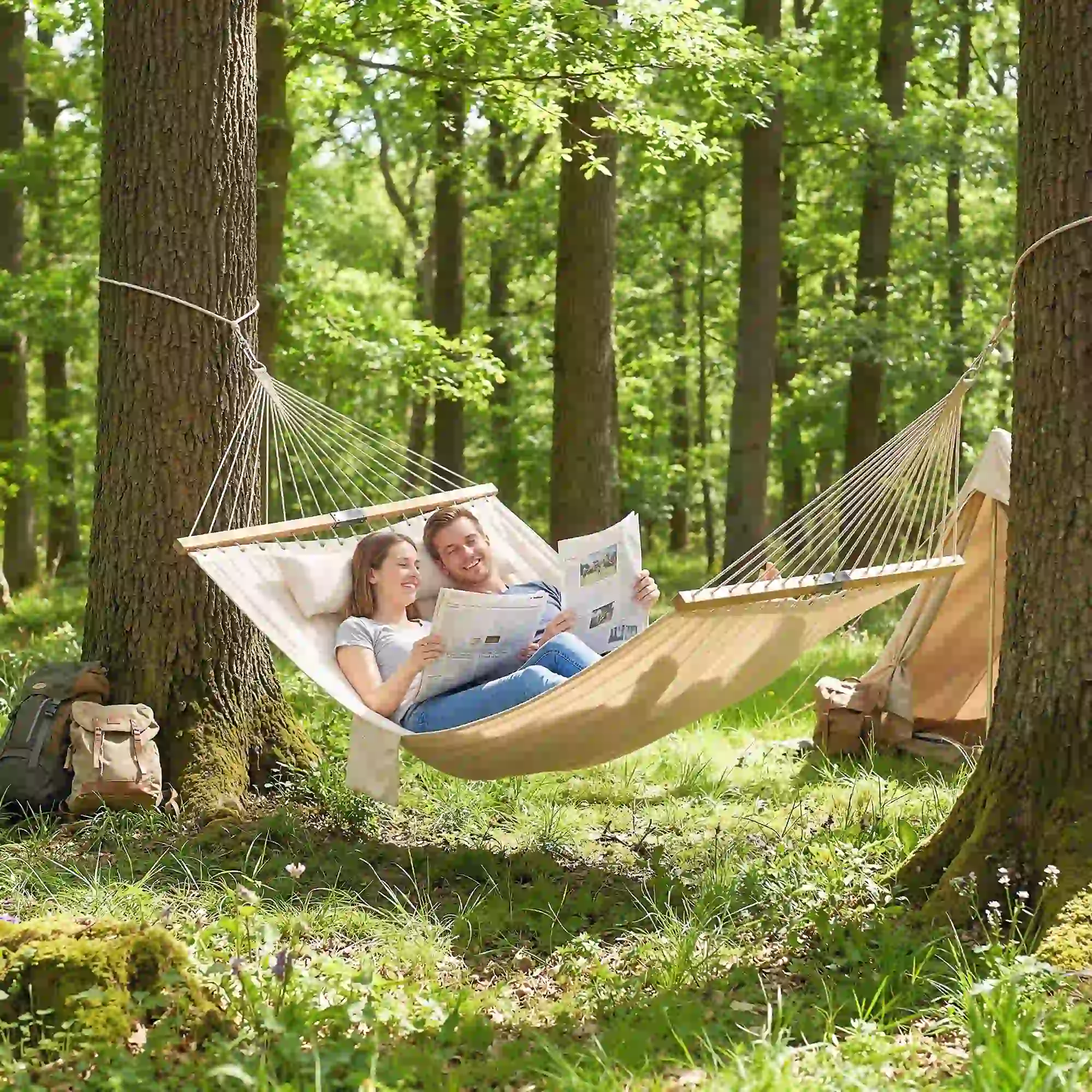 Outdoor Padded Camping Hammock With Pillow, 200 x 140 cm, Cream White - Image 8