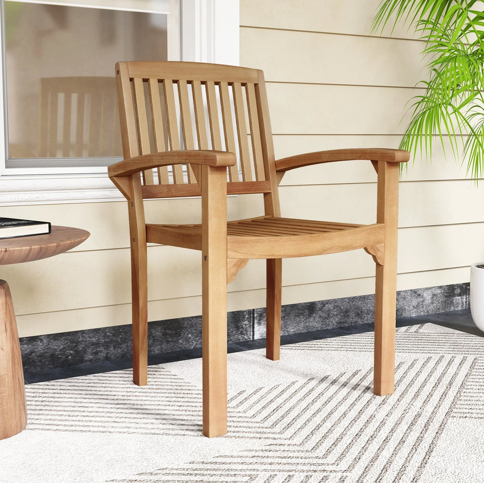 Outdoor Patio Chair, Slatted Curved Seat, Natural - Image 2