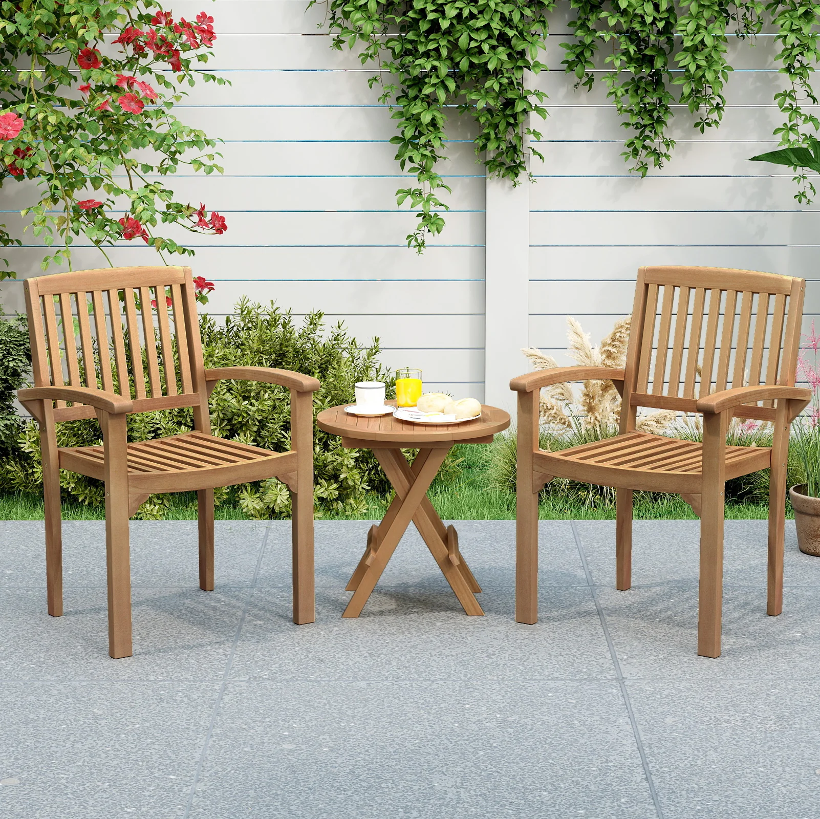 Outdoor Patio Chair, Slatted Curved Seat, Natural - Image 3