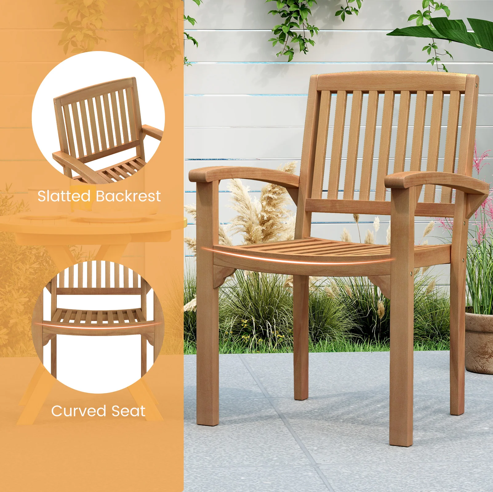 Outdoor Patio Chair, Slatted Curved Seat, Natural - Image 7