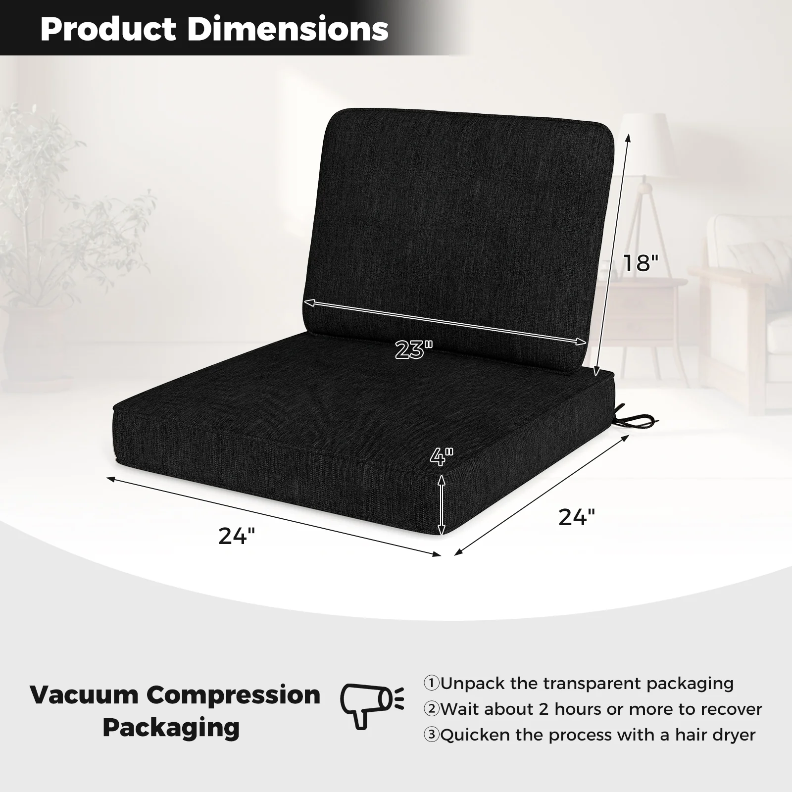 Outdoor Patio Cushion Set, 4 Piece, Removable Covers, Black - Image 6