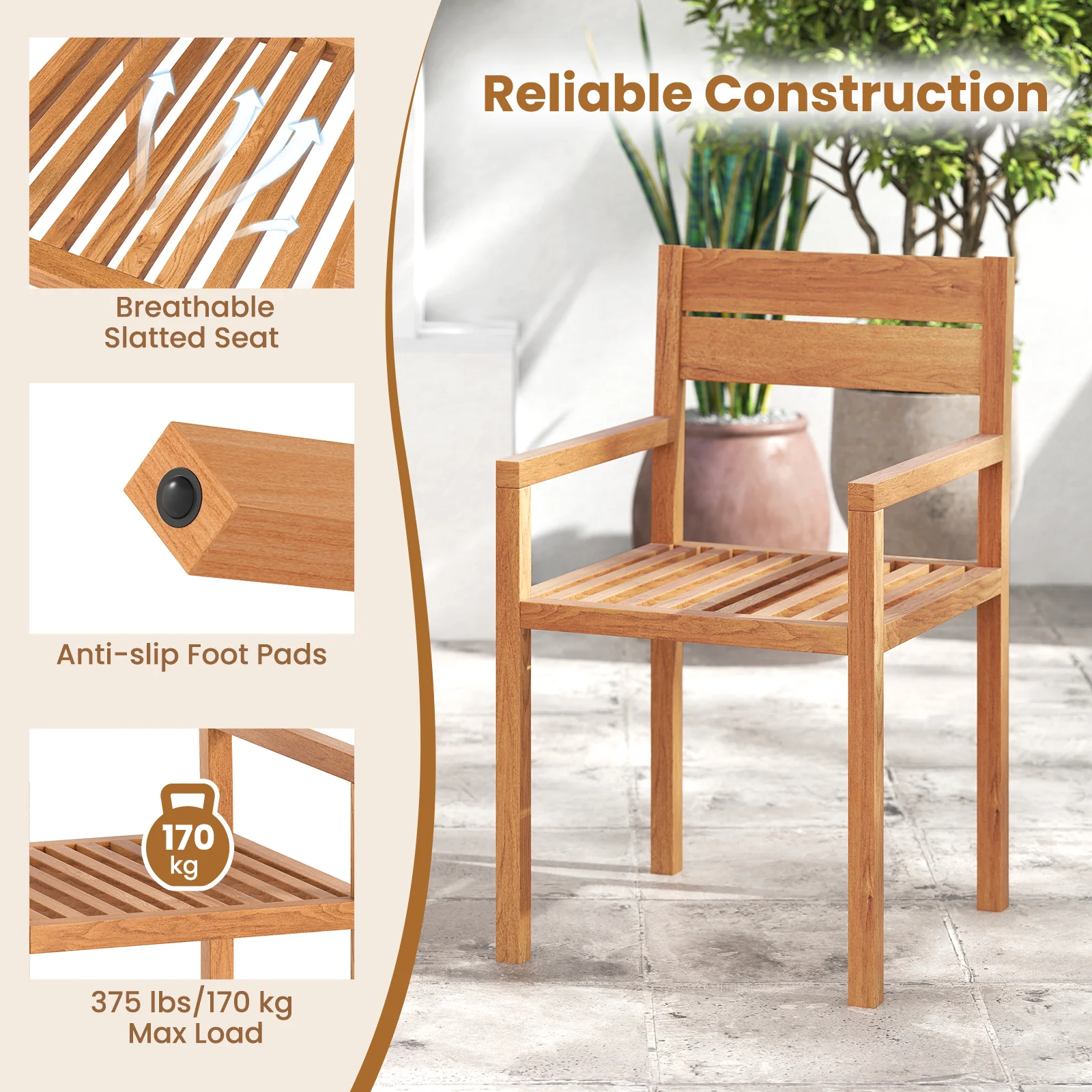 Outdoor Patio Dining Teak Wood Armchair, Natural - Image 5