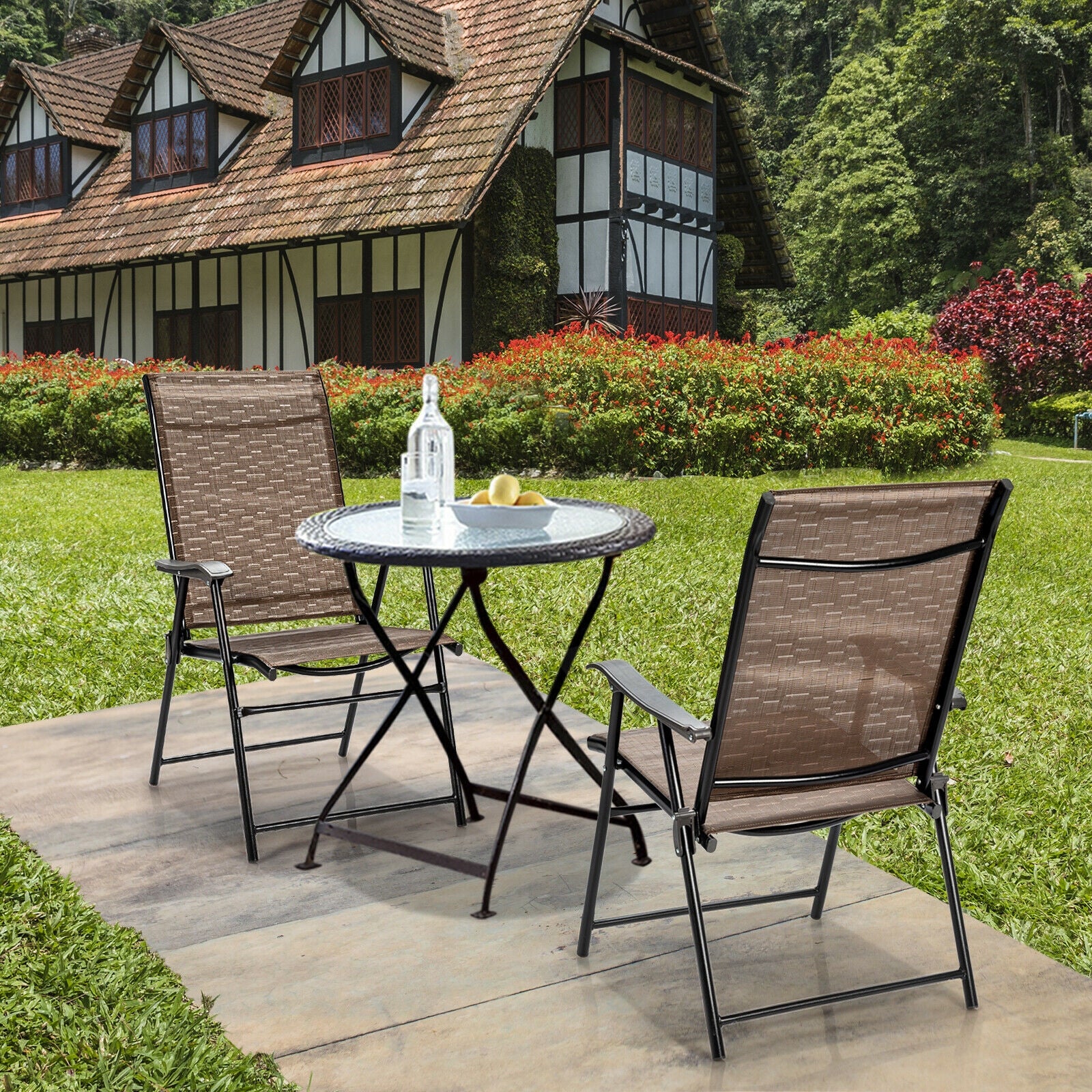 Outdoor Patio Folding Chair With Armrest, 2 Pieces, Brown - Image 2