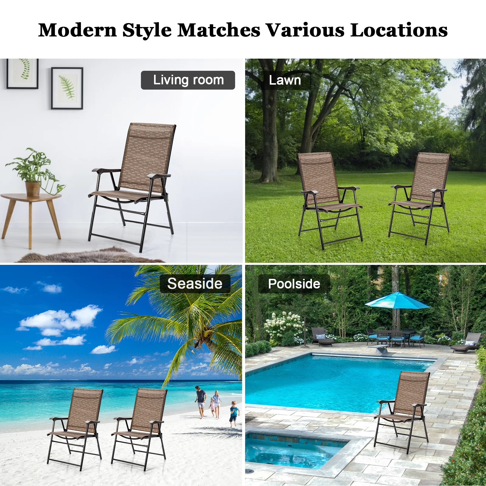 Outdoor Patio Folding Chair With Armrest, 2 Pieces, Brown - Image 3