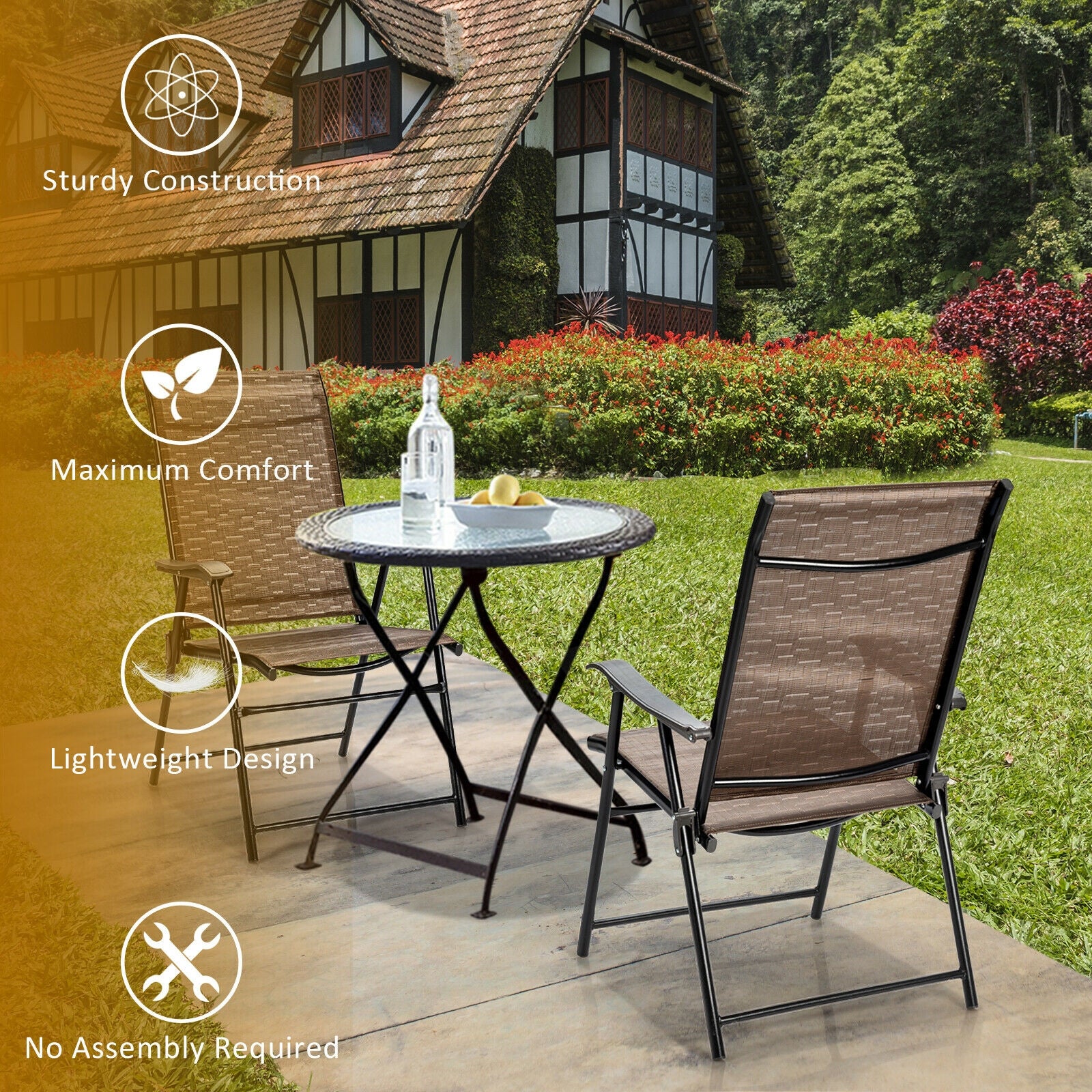 Outdoor Patio Folding Chair With Armrest, 2 Pieces, Brown - Image 6