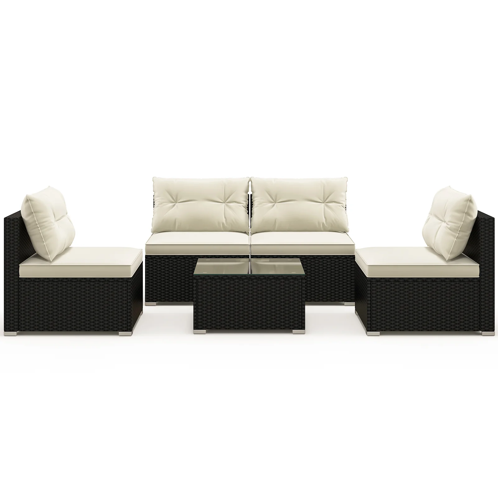 Outdoor Patio Furniture Set, 5 Pieces, Cushions, Coffee Table, Off White